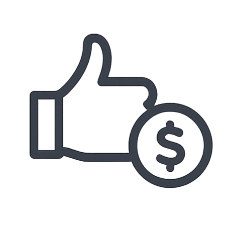 Outline of a thumbs-up hand with a dollar sign coin.