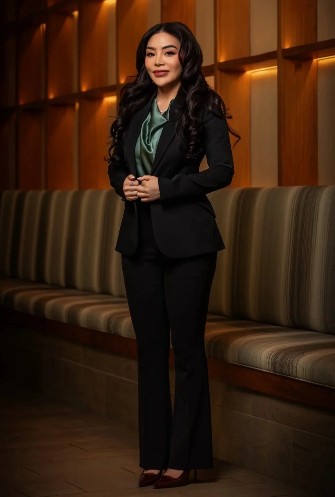Christine Han, managing attorney and founder of Han Law Group, stands in a warm, wood-paneled room with striped seating.