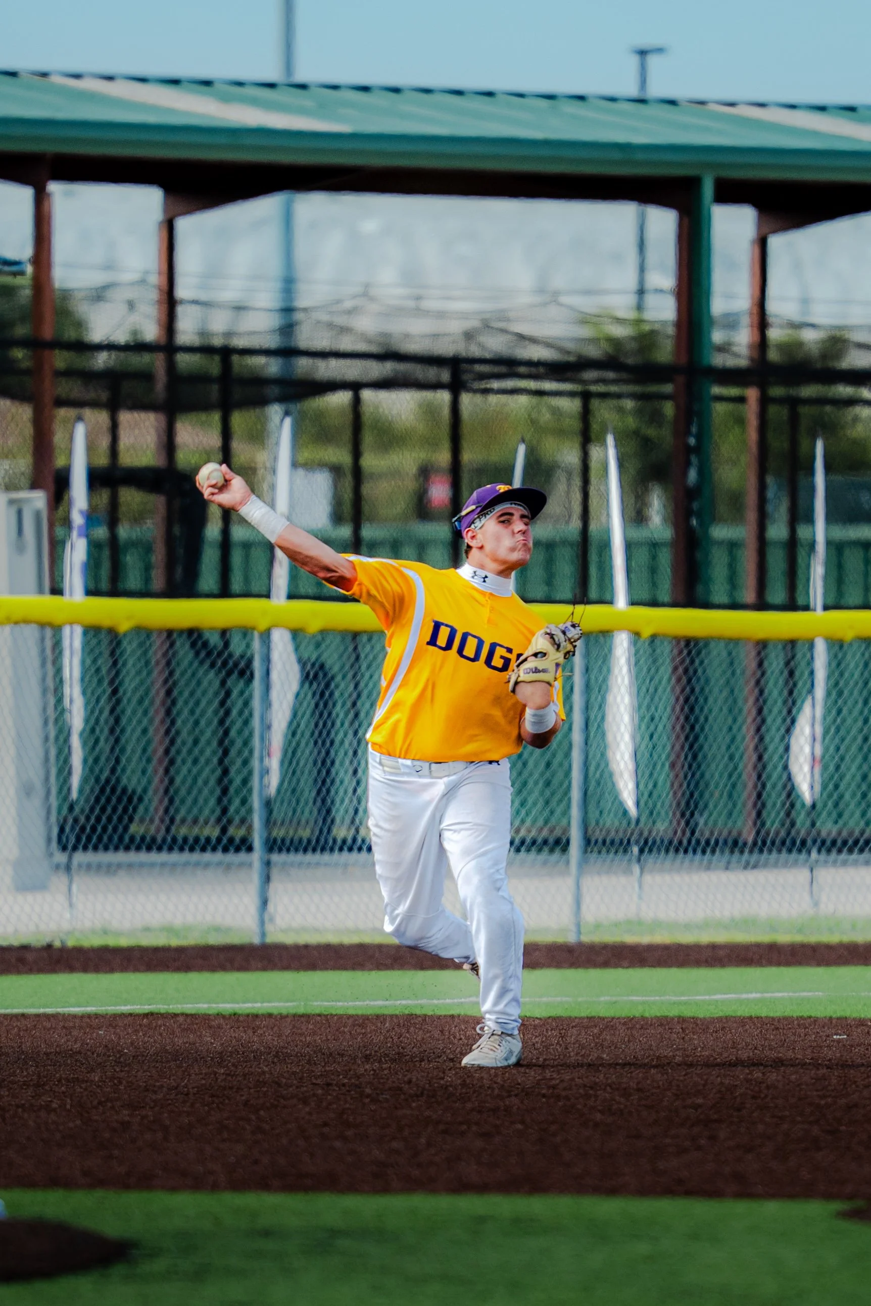 A young baseball player in a yellow jersey with the word 'DOGS' on it and white pants is pitching a baseball on a field. He is wearing a purple cap and holding a baseball glove, with his right arm extended and his face showing effort.