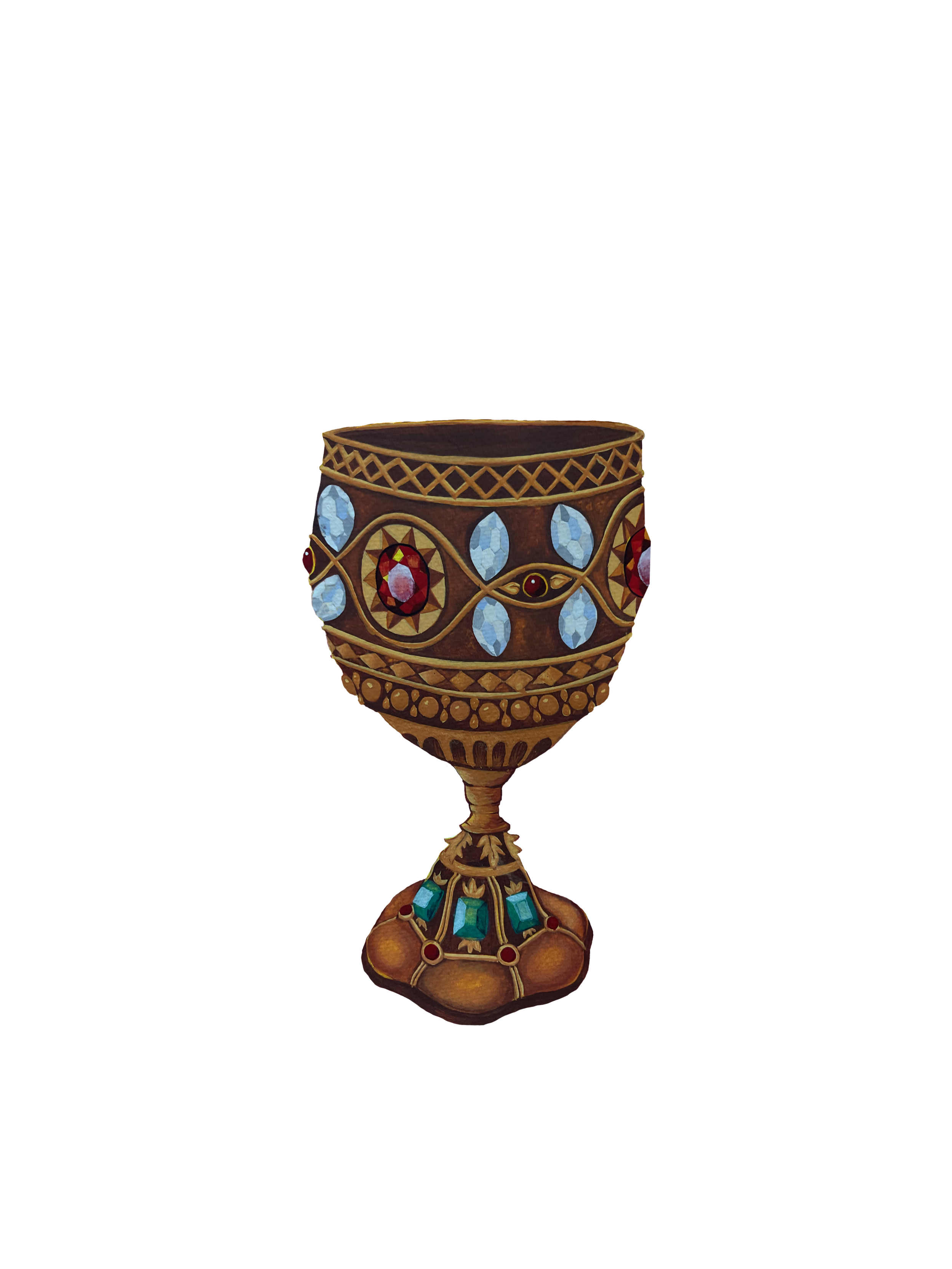 An ornate goblet decorated with various colorful gemstones and gold accents set against a black background.