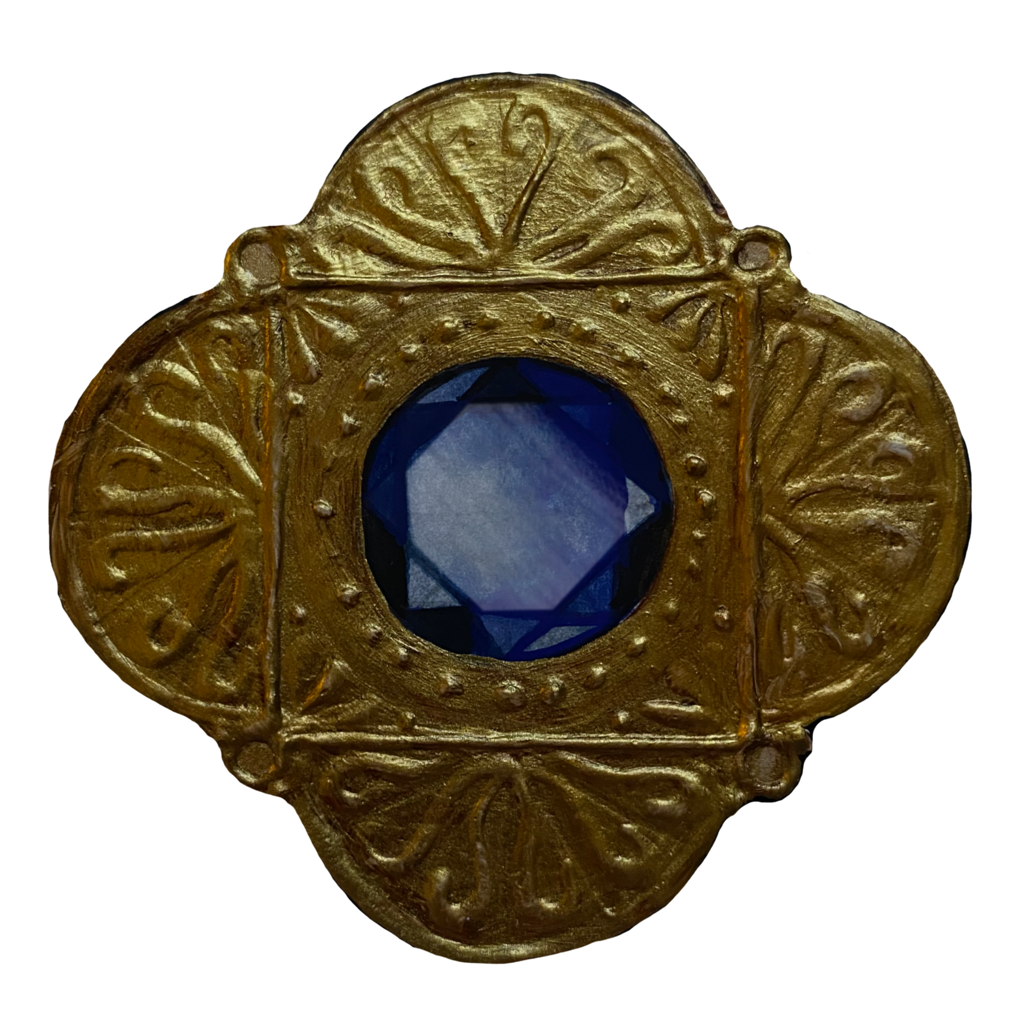 Close-up of a decorative gold frame with intricate carved details surrounding a blue circular center.