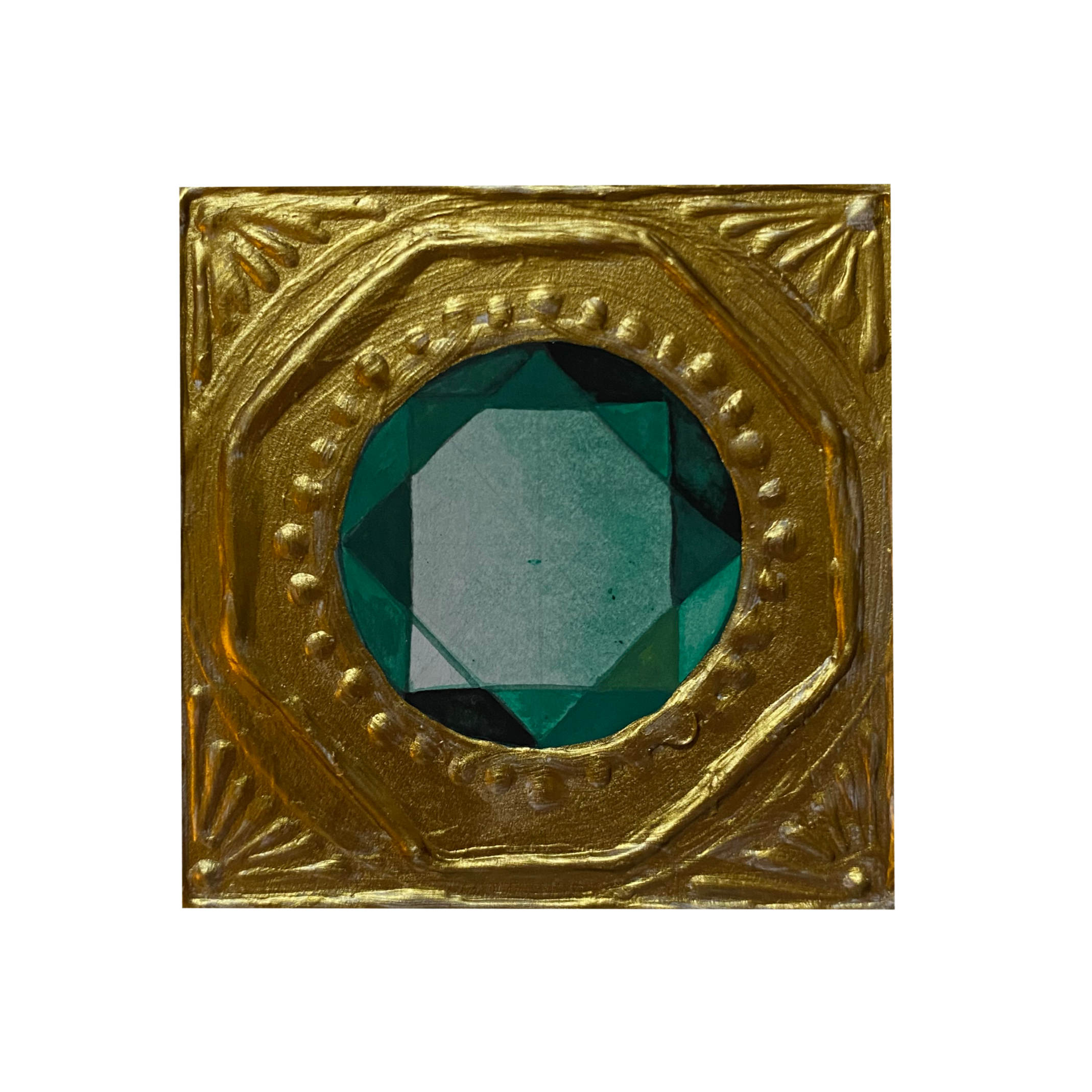 Close-up of a gold ornate frame surrounding a stained glass circle with green geometric shapes.