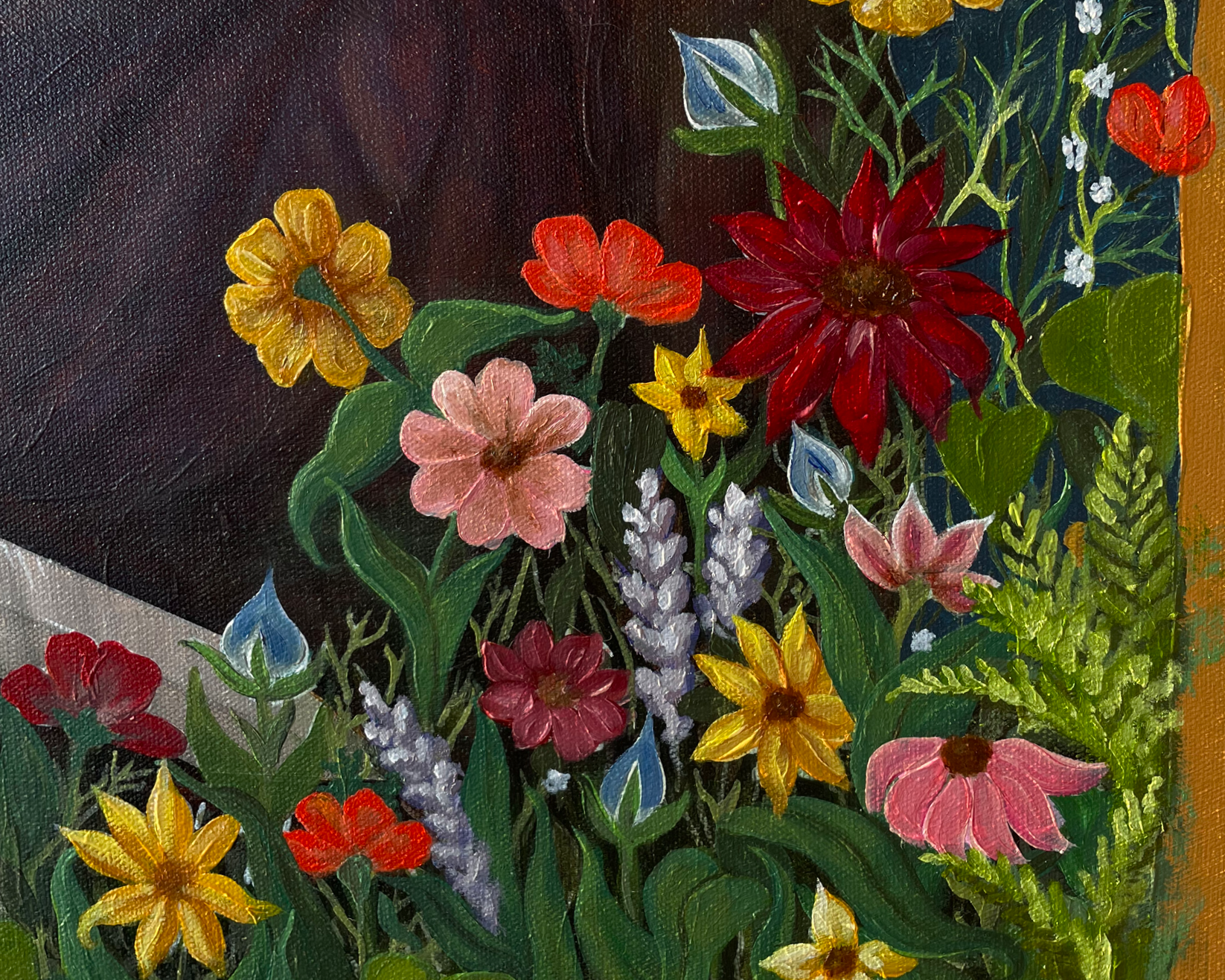 Close-up of a colorful floral painting with various vibrant flowers including red, pink, yellow, orange, purple, and white, with green leaves and stems on a dark background.
