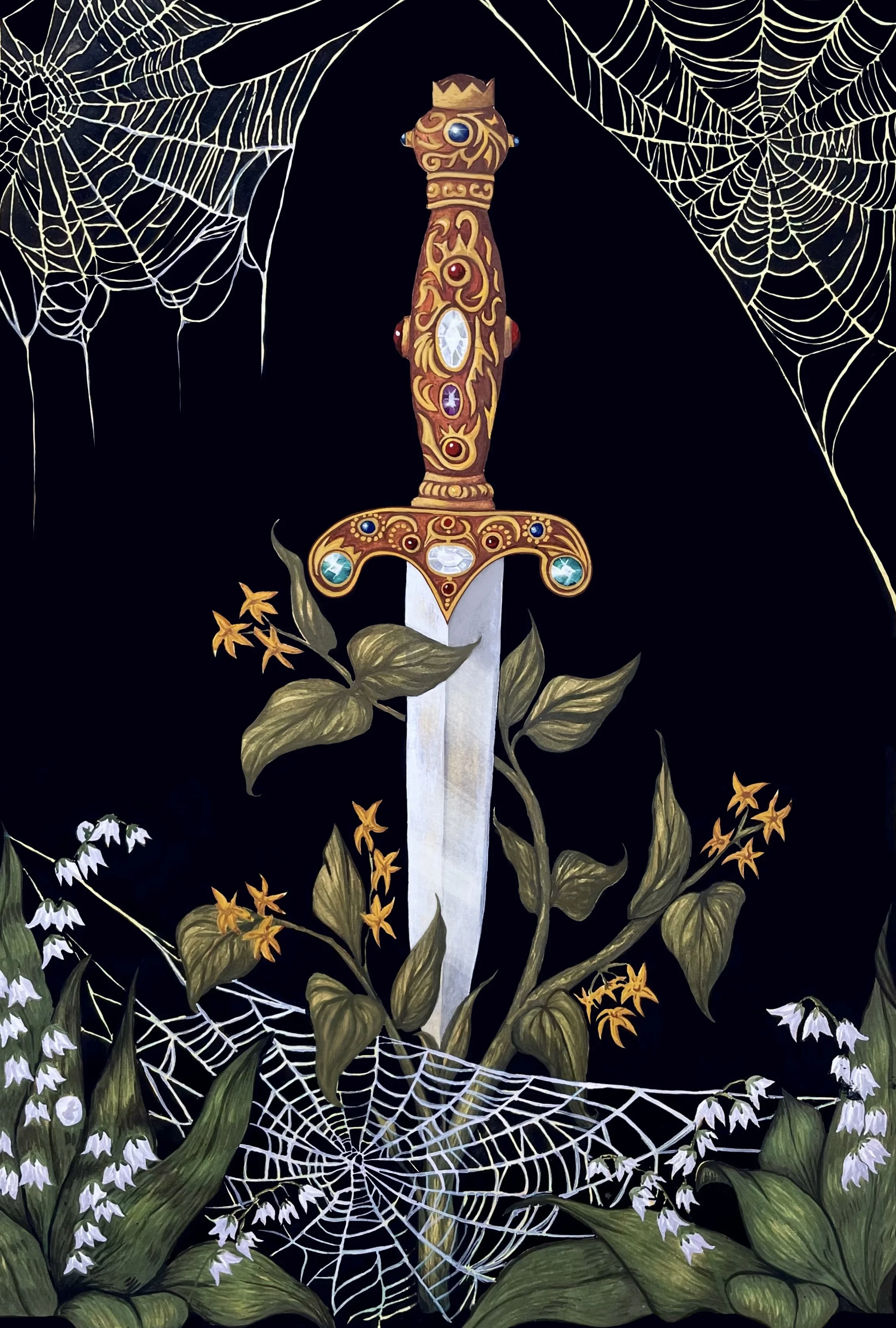 A decorative sword with a jeweled hilt surrounded by spiderwebs and green foliage with white and yellow flowers.