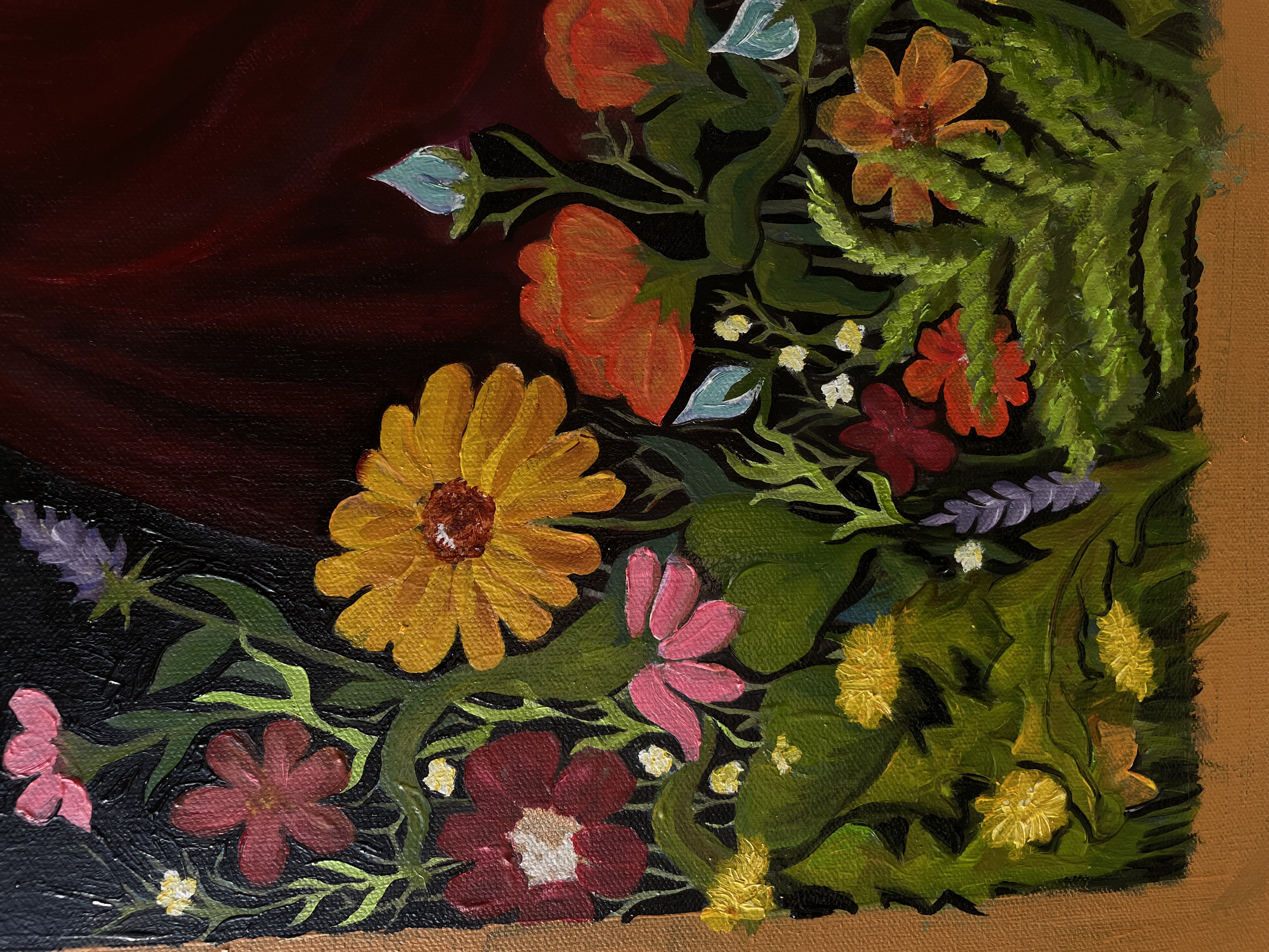 A close-up of a painting featuring colorful flowers including red, pink, yellow, orange, purple, and white, with a dark background and green leaves.