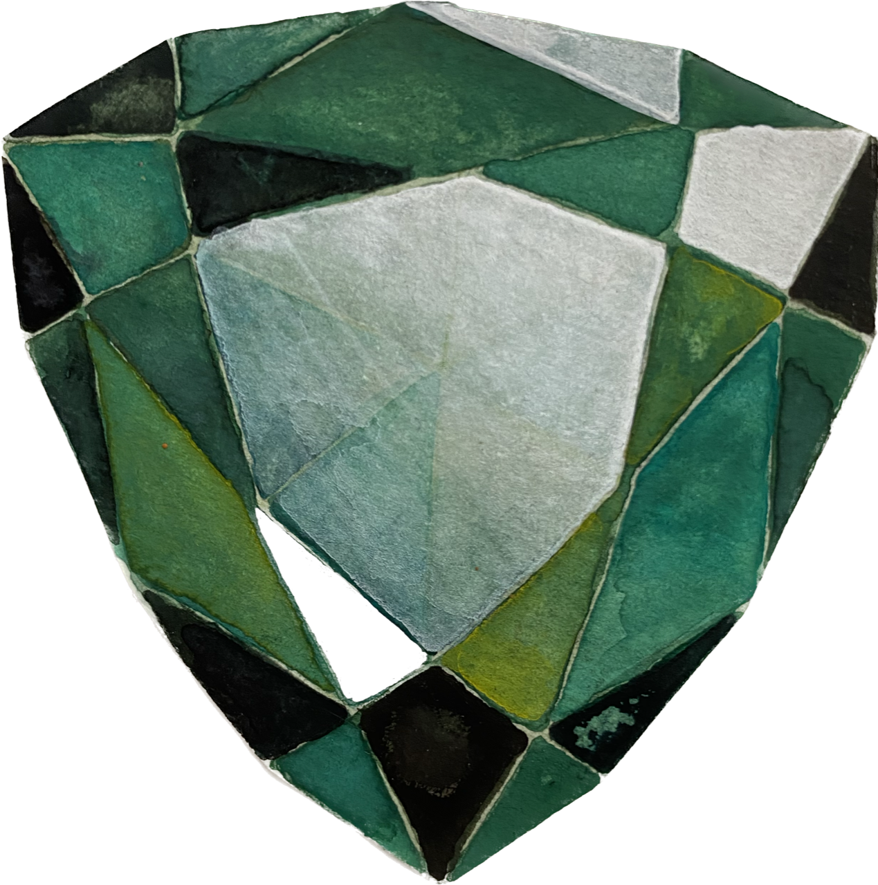 A close-up of a gemstone with various facets in shades of green, black, and white.