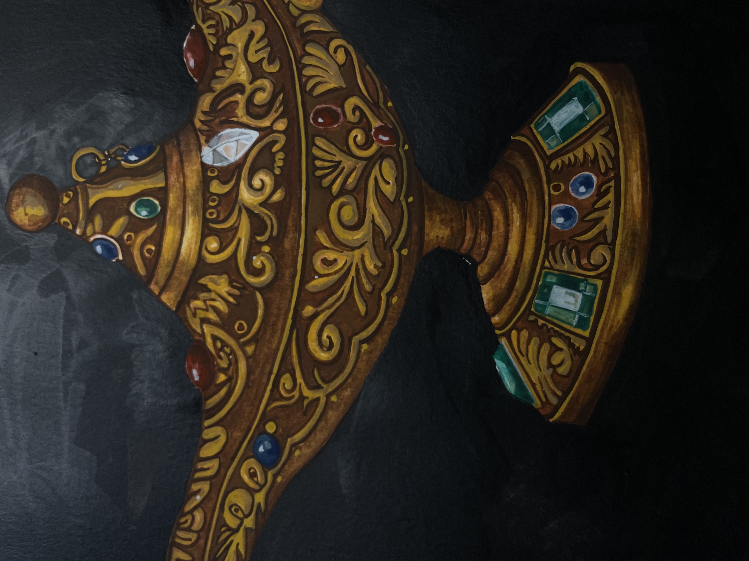 A painted portrait of a gold and jewel-encrusted ornate trophy or goblet on a dark background.