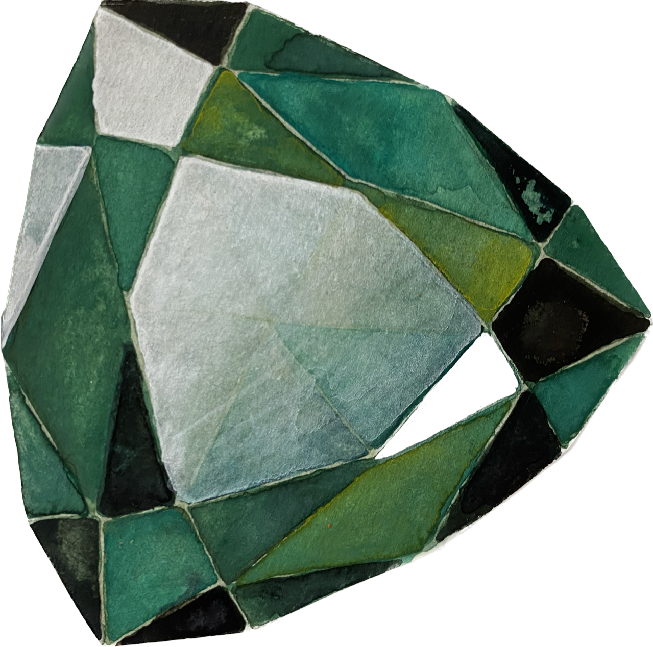 A close-up view of a geometric glass or tile mosaic with various shades of green, black, and white pieces arranged in a pattern.