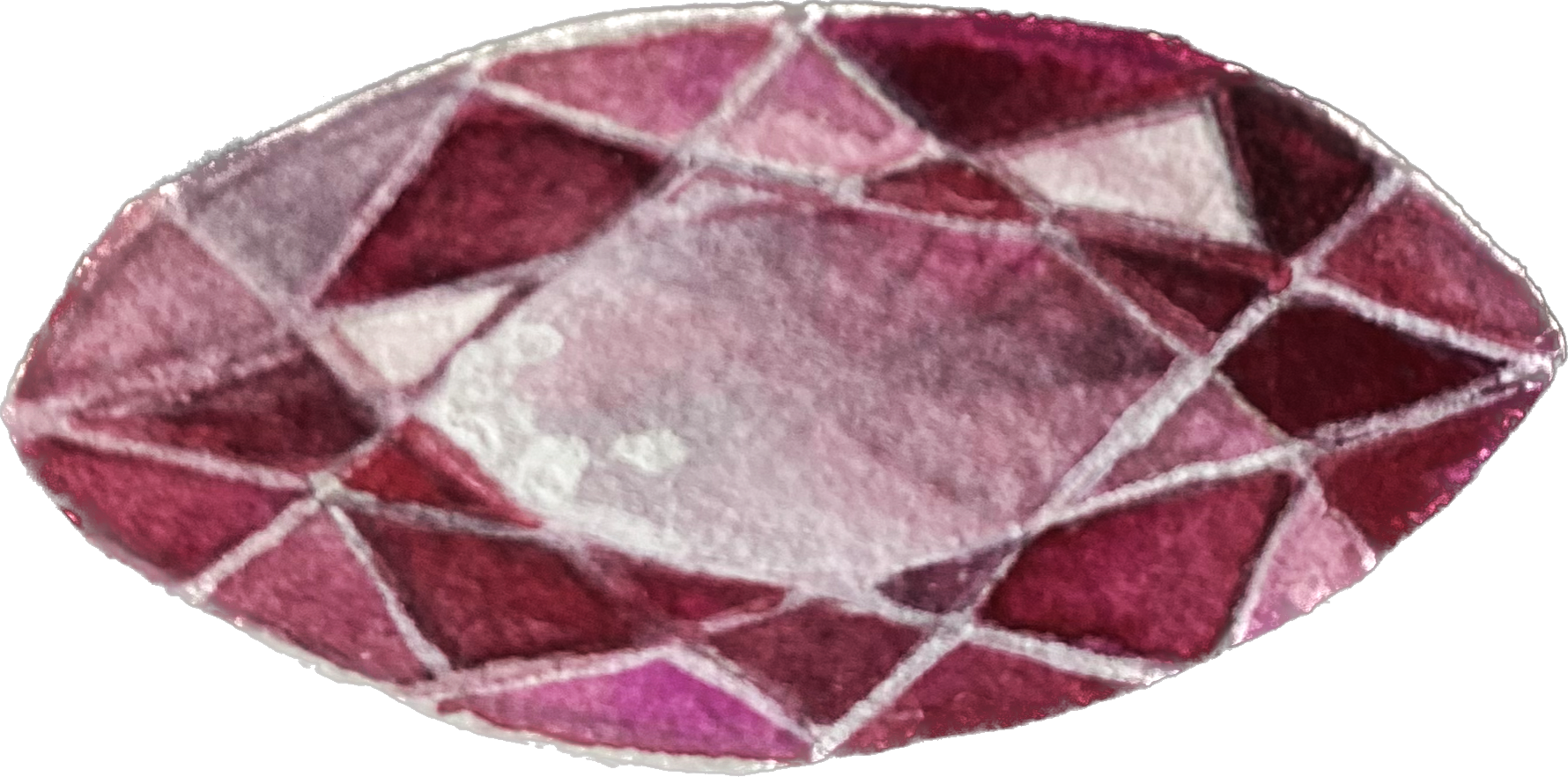 Close-up of a ruby gemstone with a faceted cut and intricate geometric patterns.