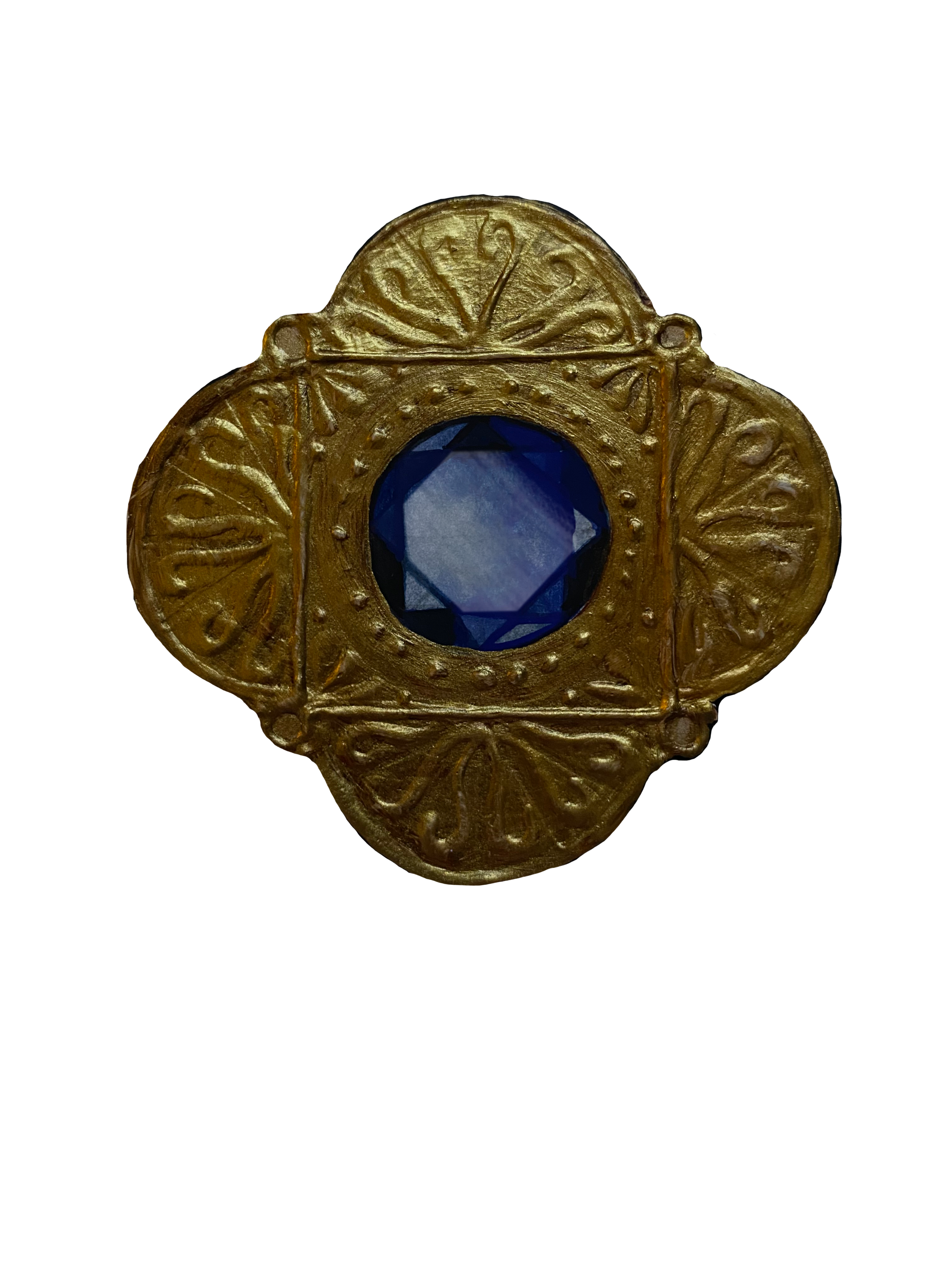 Gold-colored antique ring or medal with ornate floral patterns and a central gemstone, set against a black background.
