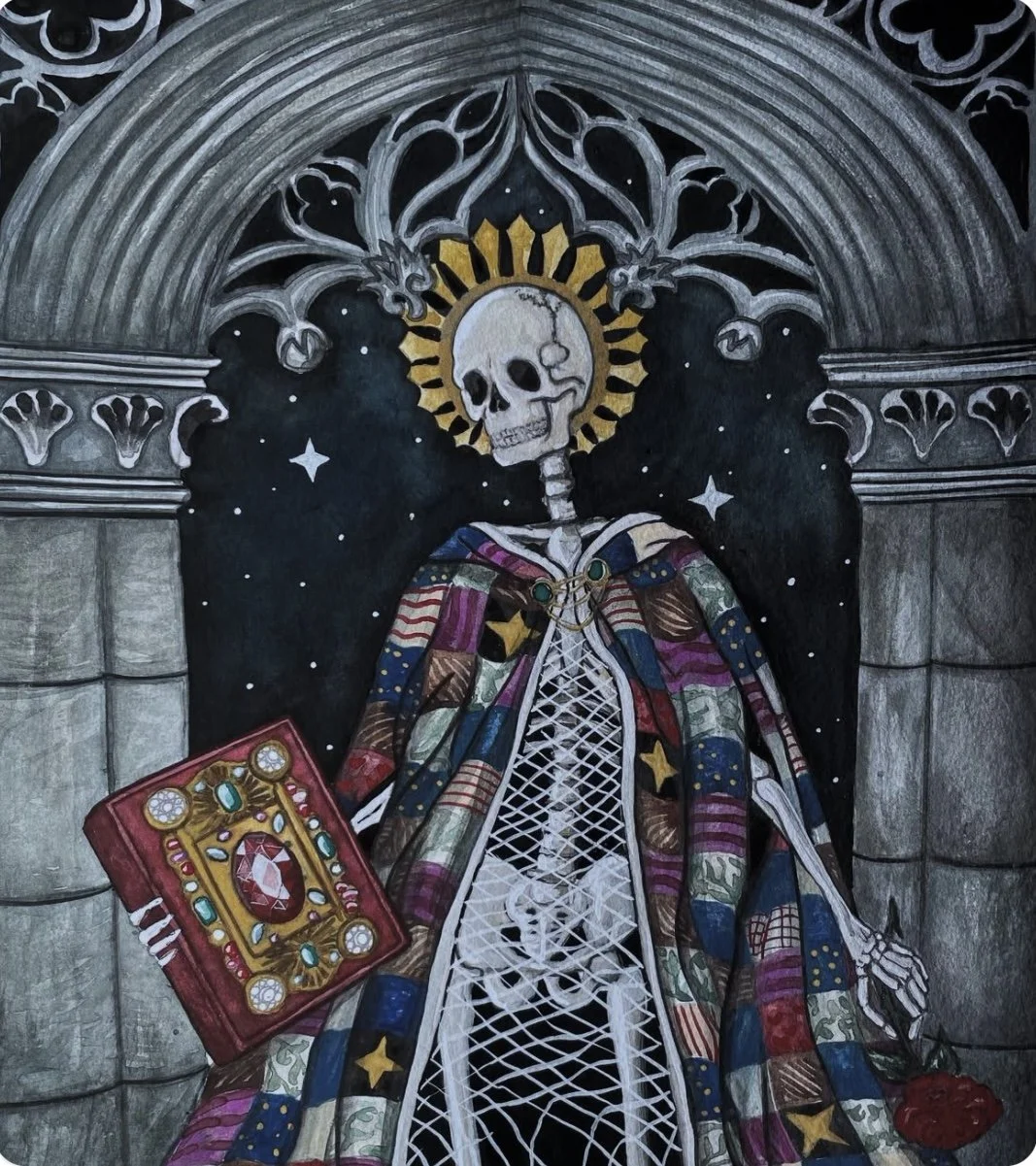 A skeleton figure with a skull face and a halo is depicted in front of a gothic archway. The skeleton is wearing a colorful patchwork cloak and holding a red book with ornate decorations. The background is dark with stars and a few white sparkles.