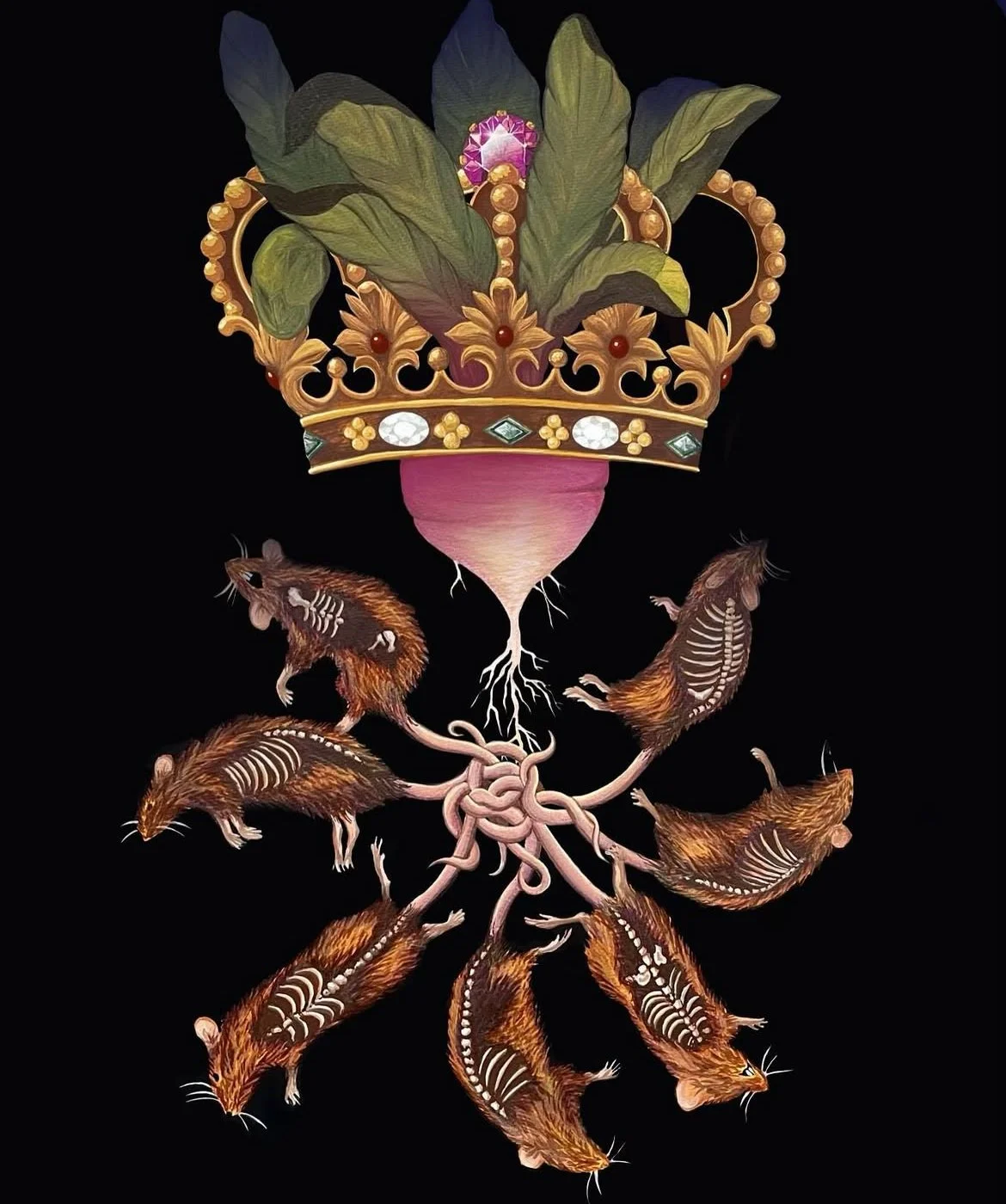 An illustration of a radish with green leaves, adorned with a golden crown and surrounded by eight rats intertwined at the claws, all set against a black background.