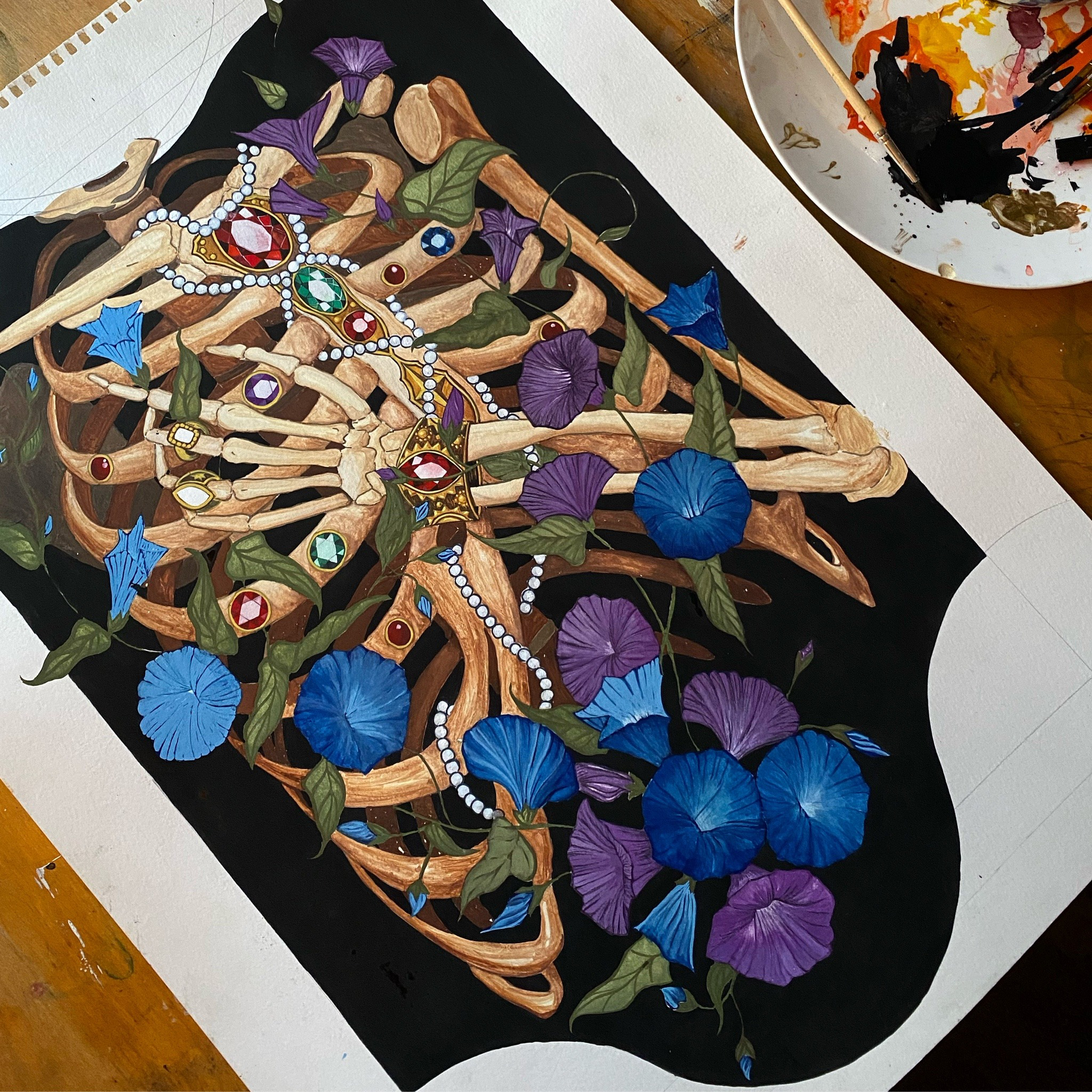 A detailed painting of a skeleton adorned with colorful jewelry and surrounded by purple and blue flowers, on a black background.