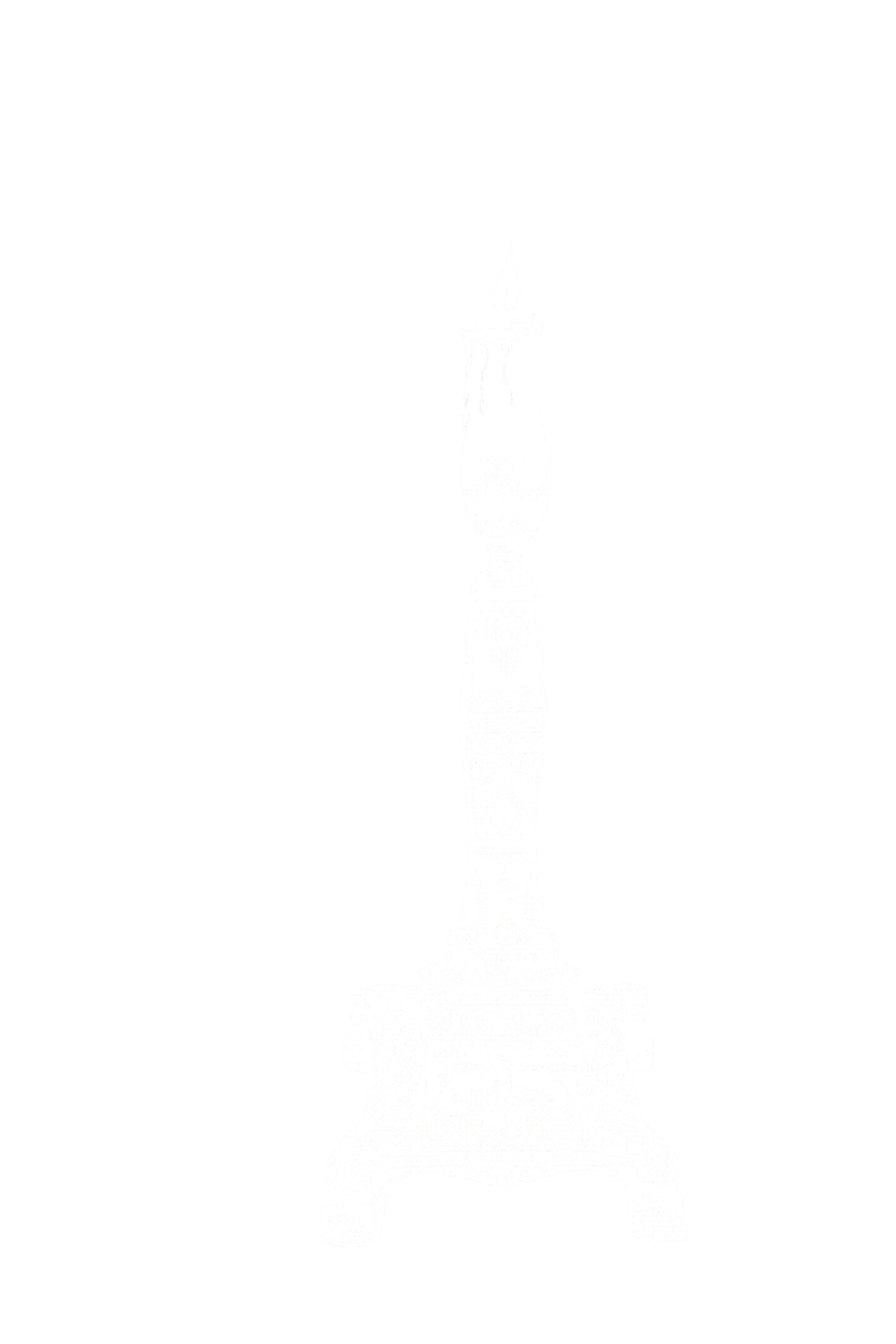 A black and white drawing of an ornate, decorative candlestick with a lit candle on top.