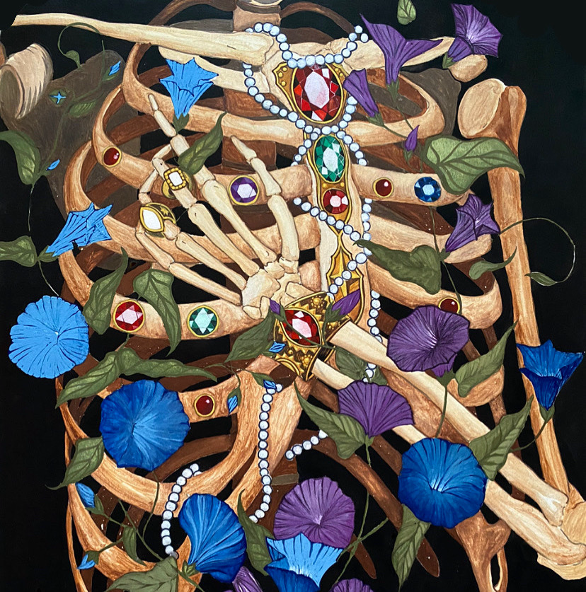 A skeletal hand surrounded by morning glory flowers, green leaves, and jewelry including rings and necklaces adorned with colorful gemstones.