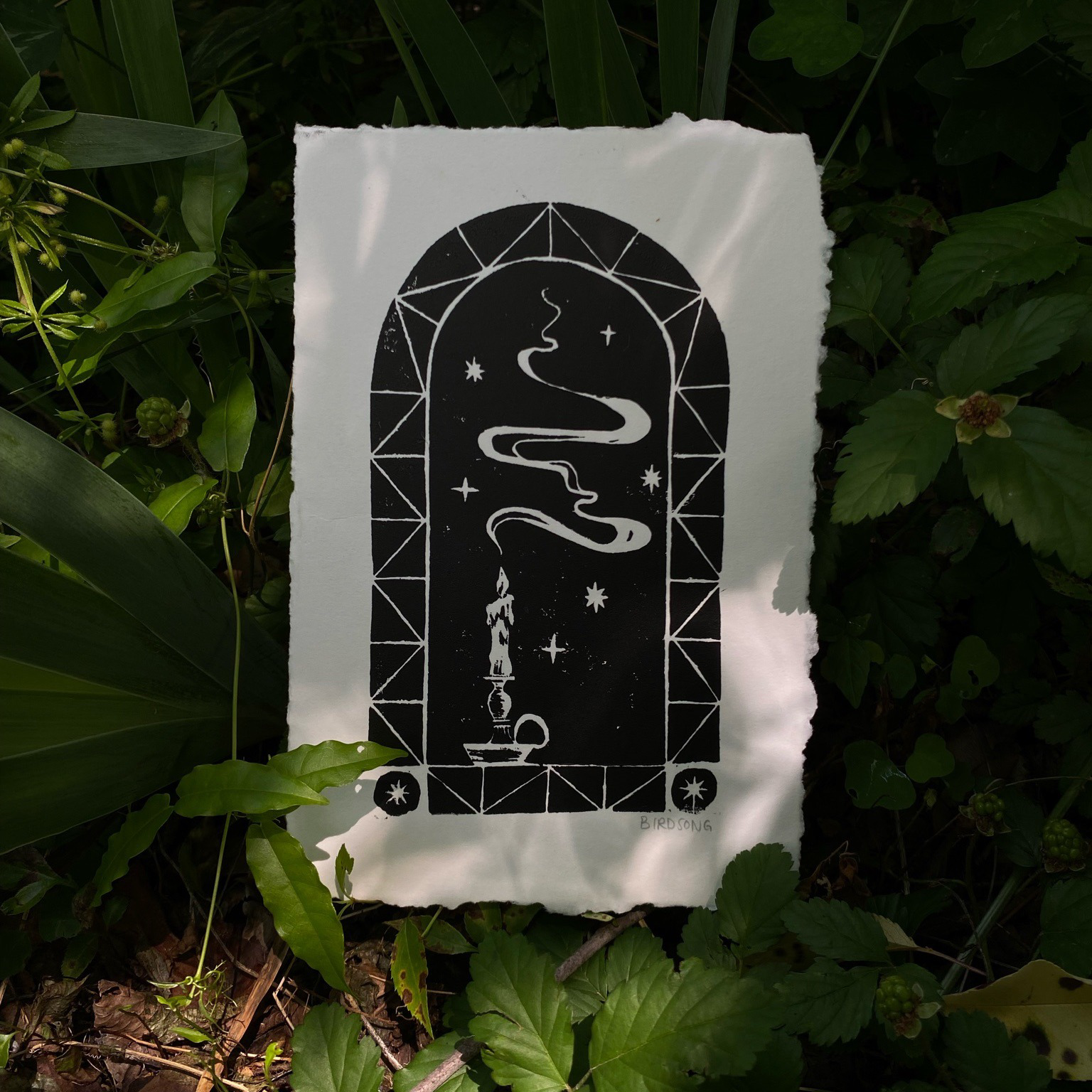 A black and white illustration on torn paper placed on green plants. It depicts a ritualistic scene with a candle, a wavy line ascending to the sky, stars, and the artist's signature 'Birdsong'.
