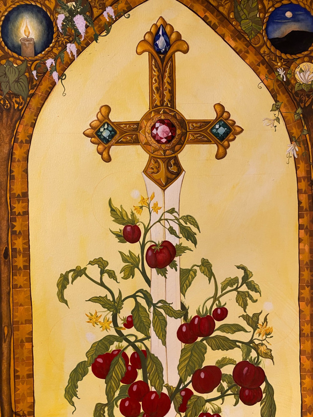 A decorative artwork featuring a large gold cross with colored gemstones at its ends, a red gemstone at its center, and a plant with red apples and yellow flowers growing behind it. The background is yellow with floral and nature motifs.
