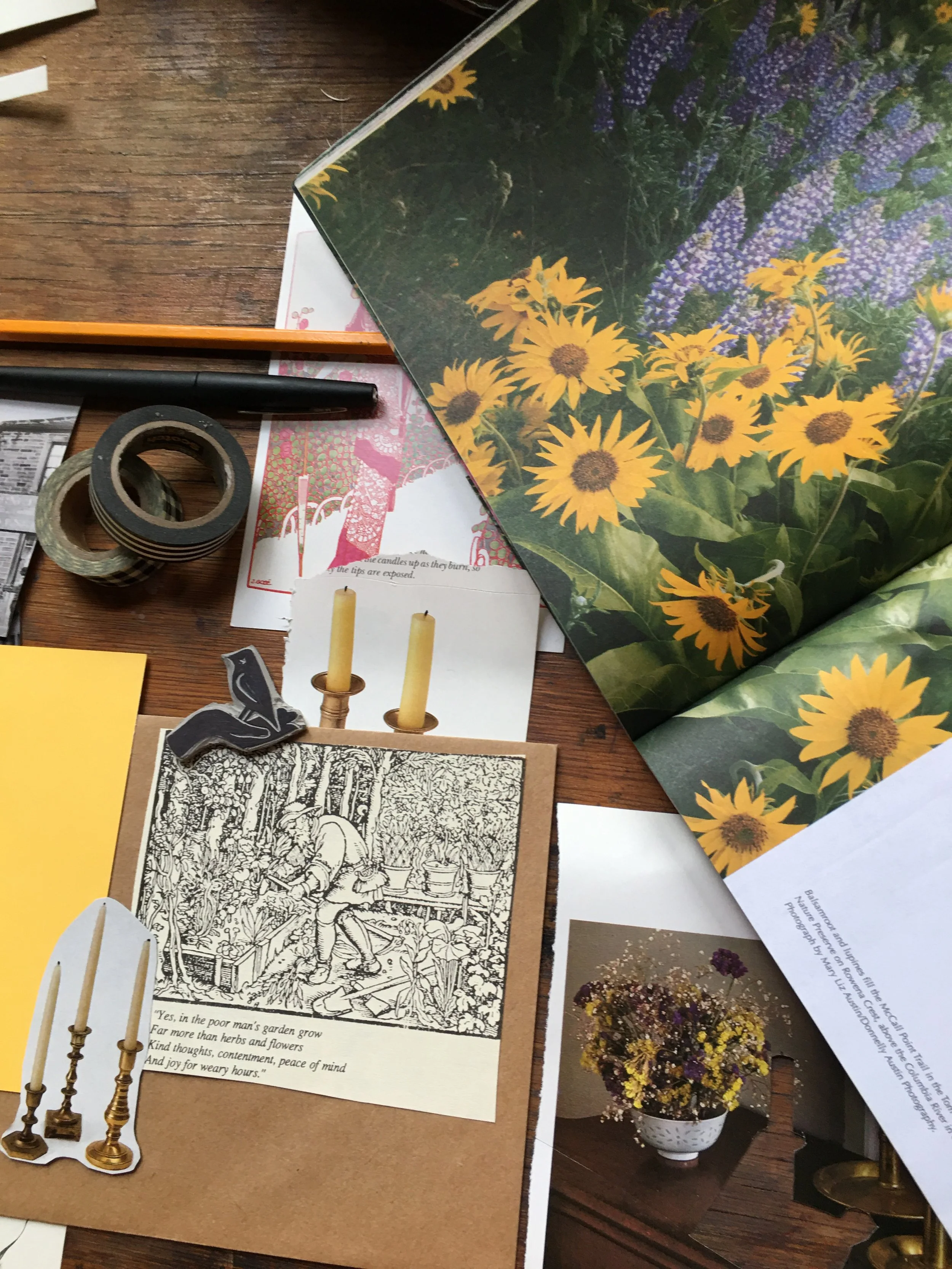 A collection of gardening-themed items on a wooden surface, including a black and white coloring page of a garden scene, a strip of decorative tape, a yellow sticky note, and various photographs and illustrations of flowers and plants.