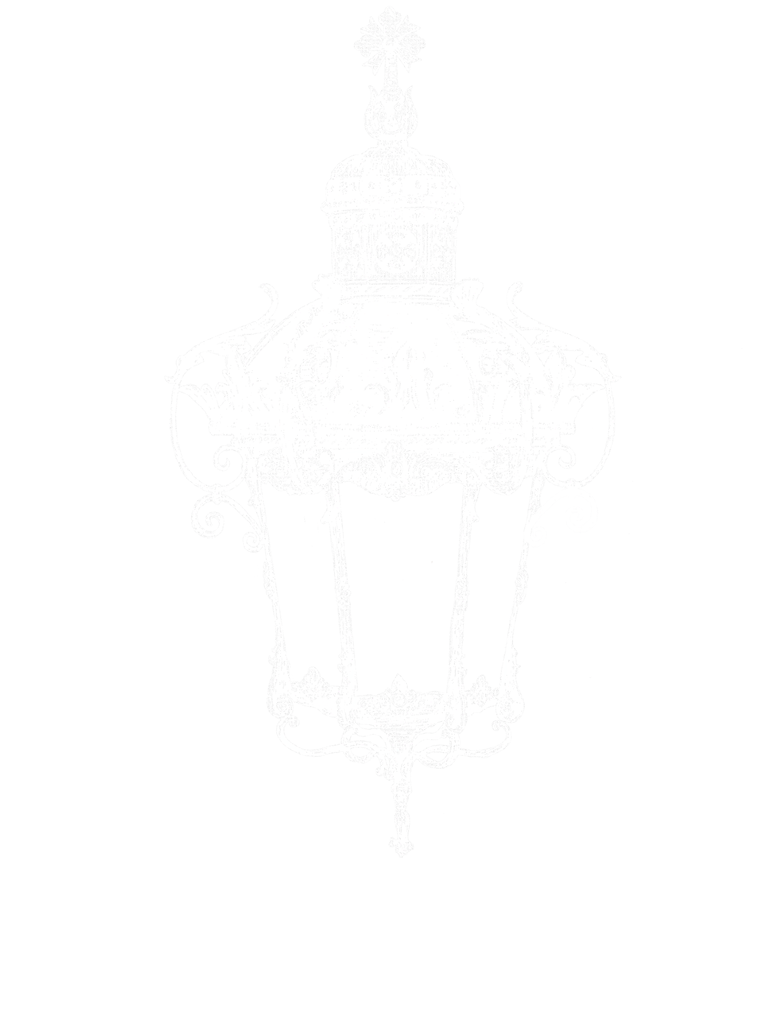An ornate white chandelier with intricate detailing and scrollwork, hanging against a black background.