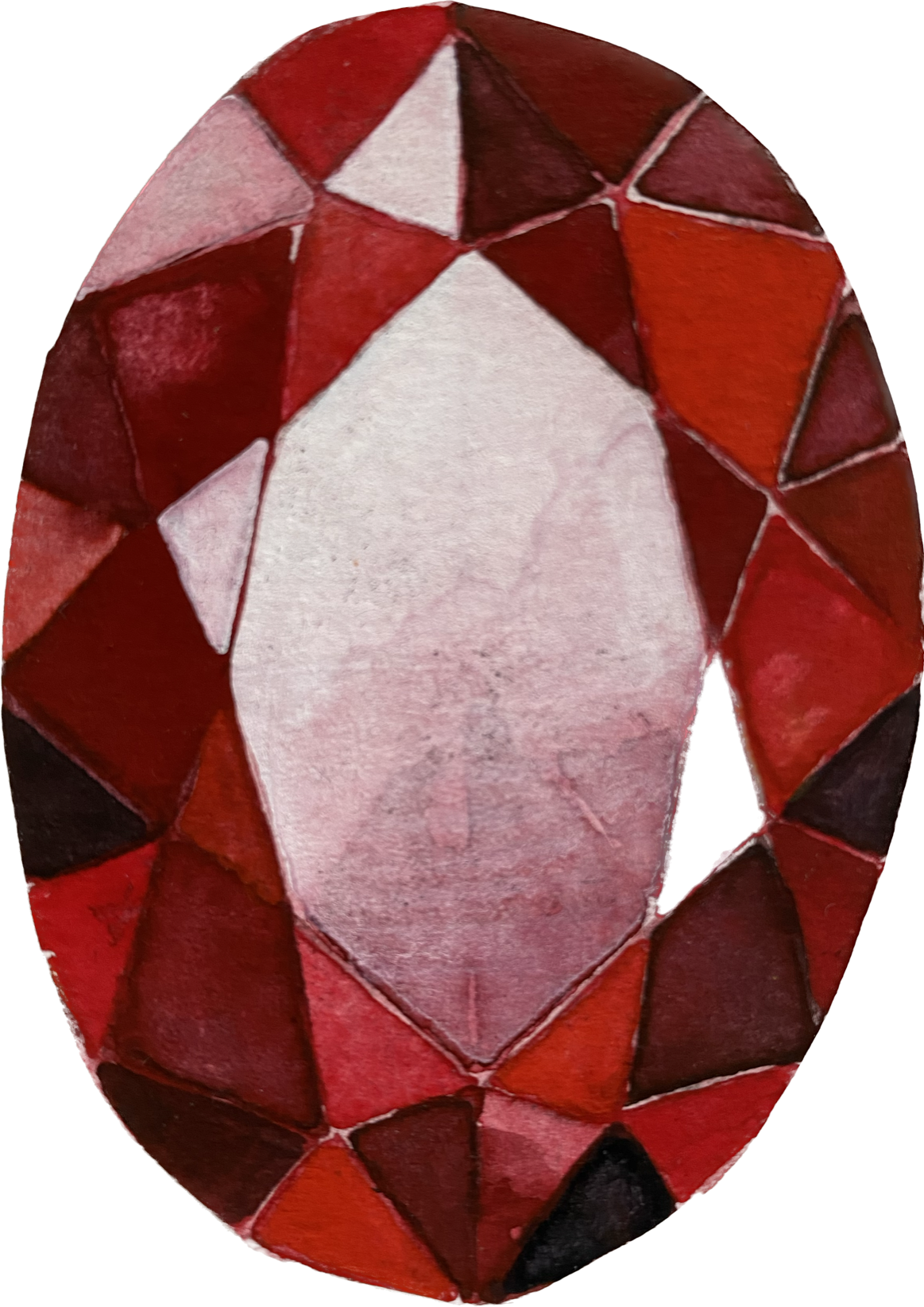 A close-up of a stone or ceramic object with a geometric pattern in red, white, and dark colors.