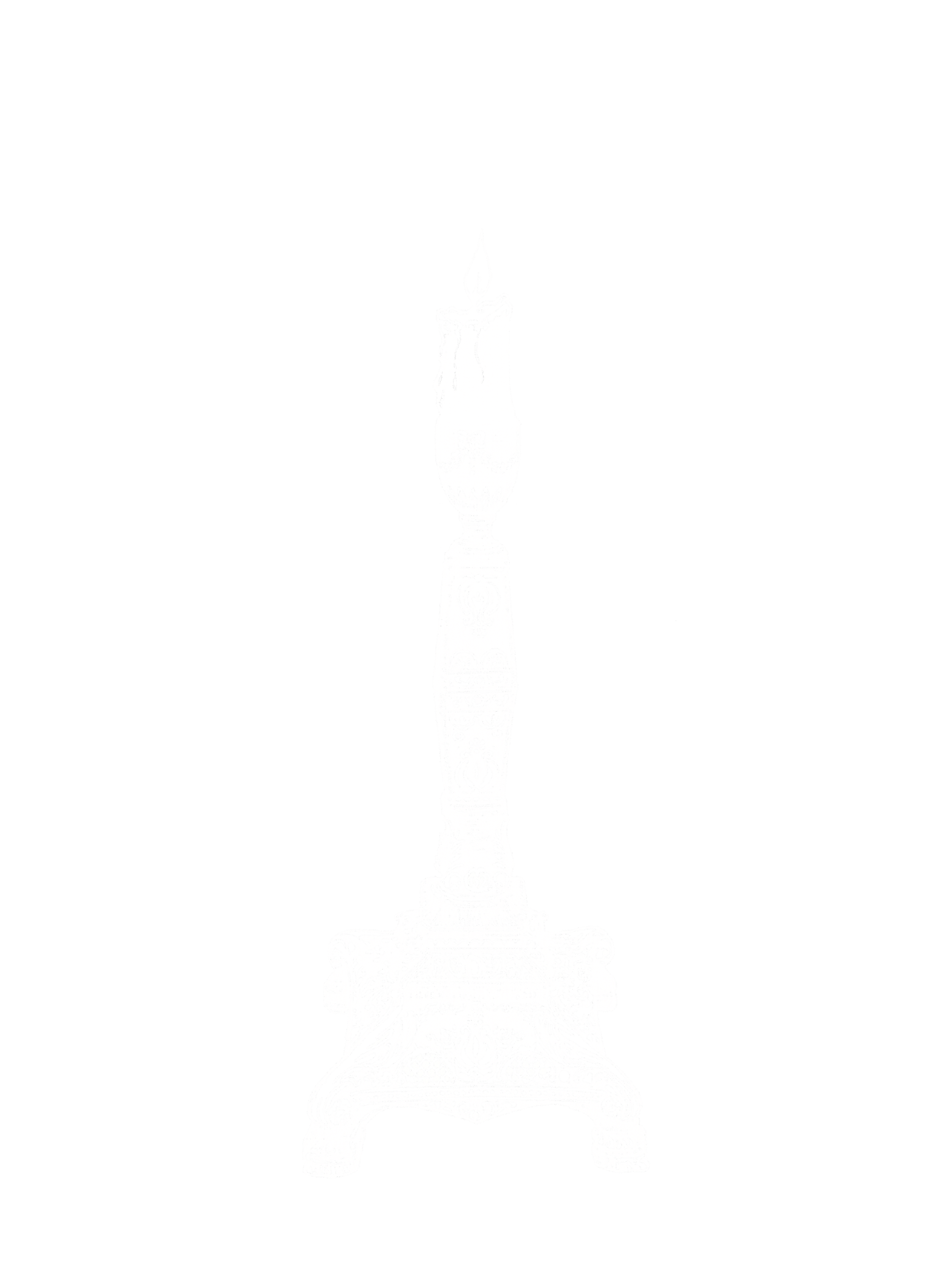 A detailed, ornate, white candle holder with a lit candle on top, set against a black background.