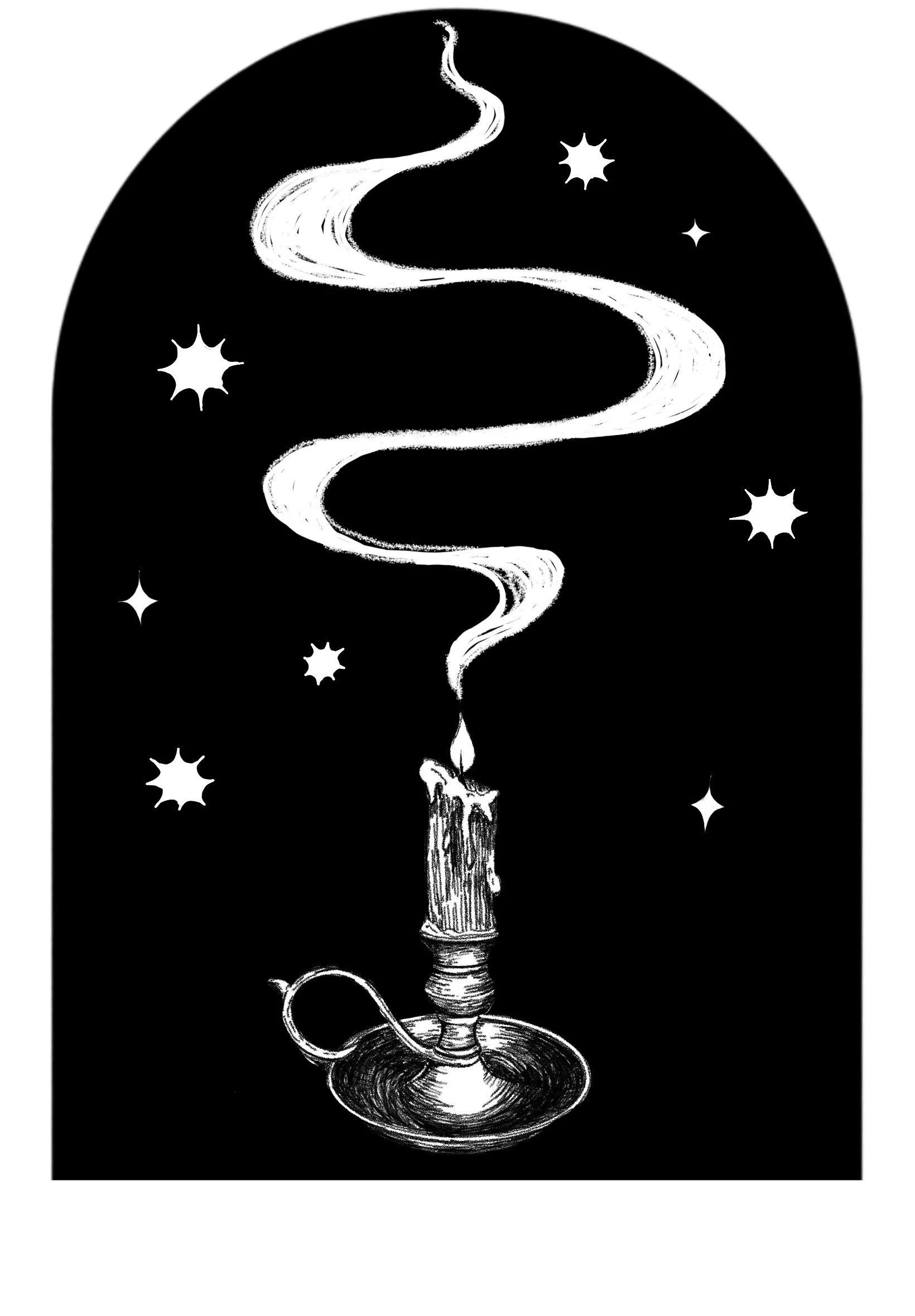 A black and white drawing of a lit hookah with smoke rising from it. The smoke forms a winding path and there are stars and a sun in the background.
