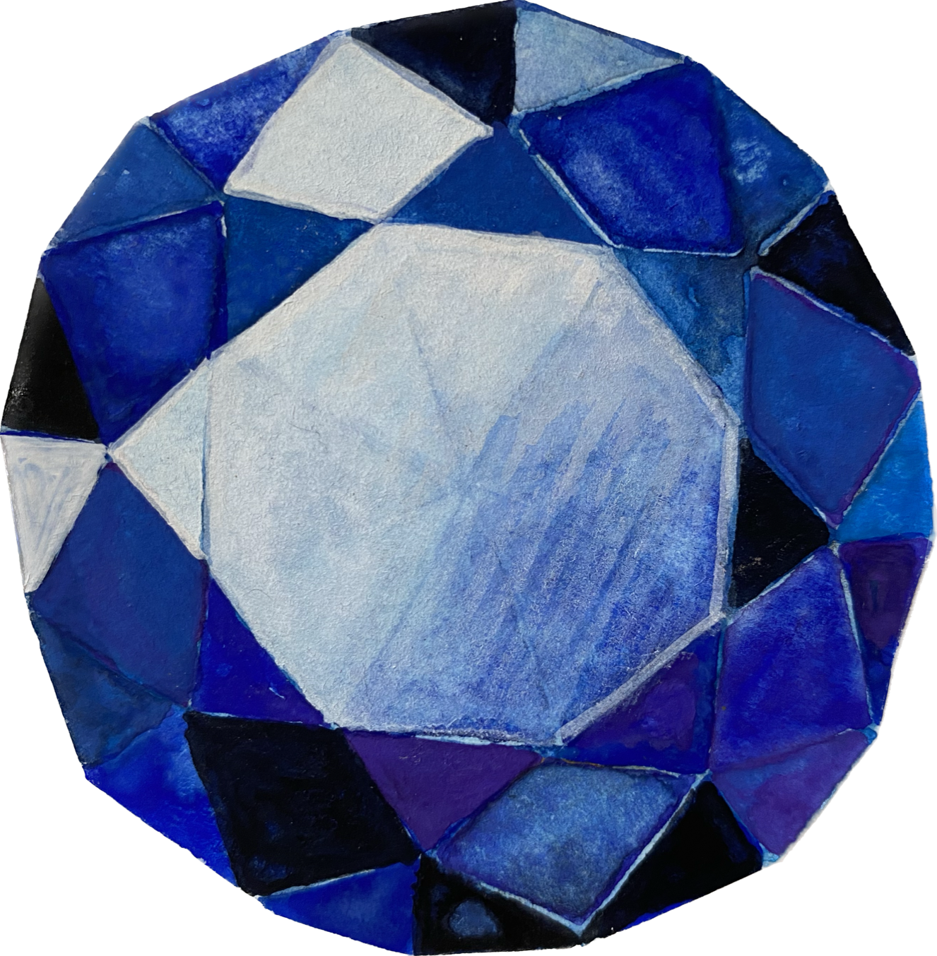 A painted gemstone with blue, white, black, and purple facets.