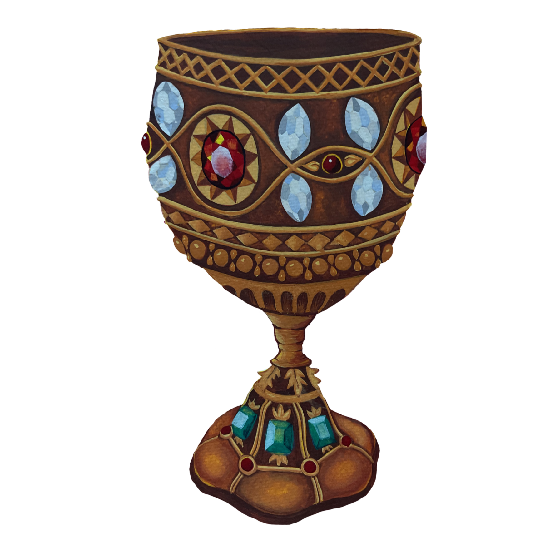 Decorative ornate goblet with painted design of diamonds and geometric patterns in gold, brown, red, and blue colors.