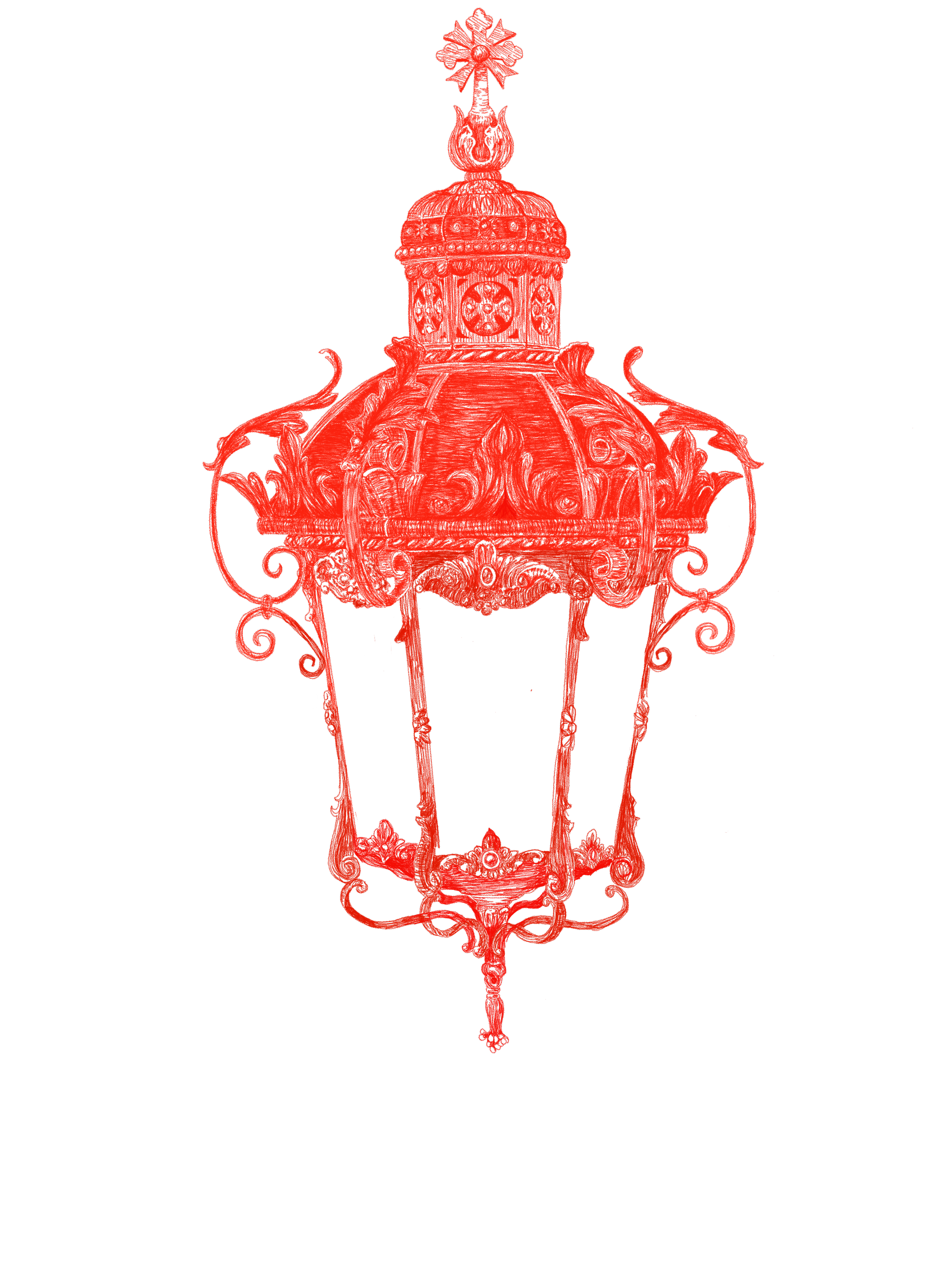 An ornate, vintage street lamp with intricate wrought iron details and a decorative top, illuminated against a dark background with red lines.