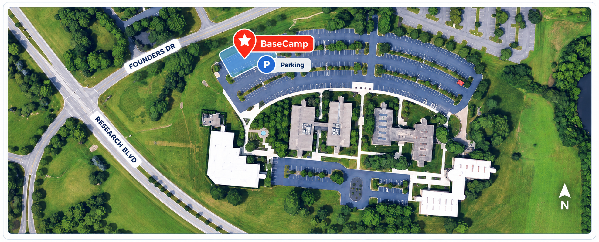 BaseCamp location and parking map at 3139 Research Boulevard