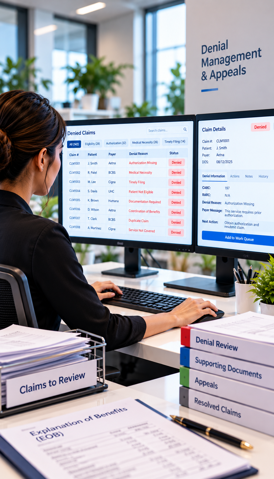 A woman working at a desk with dual monitors displaying denied insurance claims, in a room labeled 'Denial Management & Appeals', surrounded by stacks of documents and pencils.