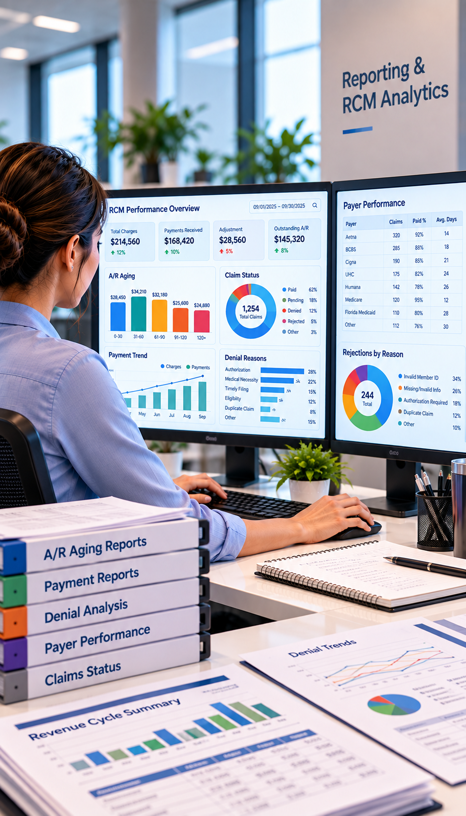 Businesswoman analyzing digital analytics on dual monitors showing report summaries, charts, and graphs in an office setting.