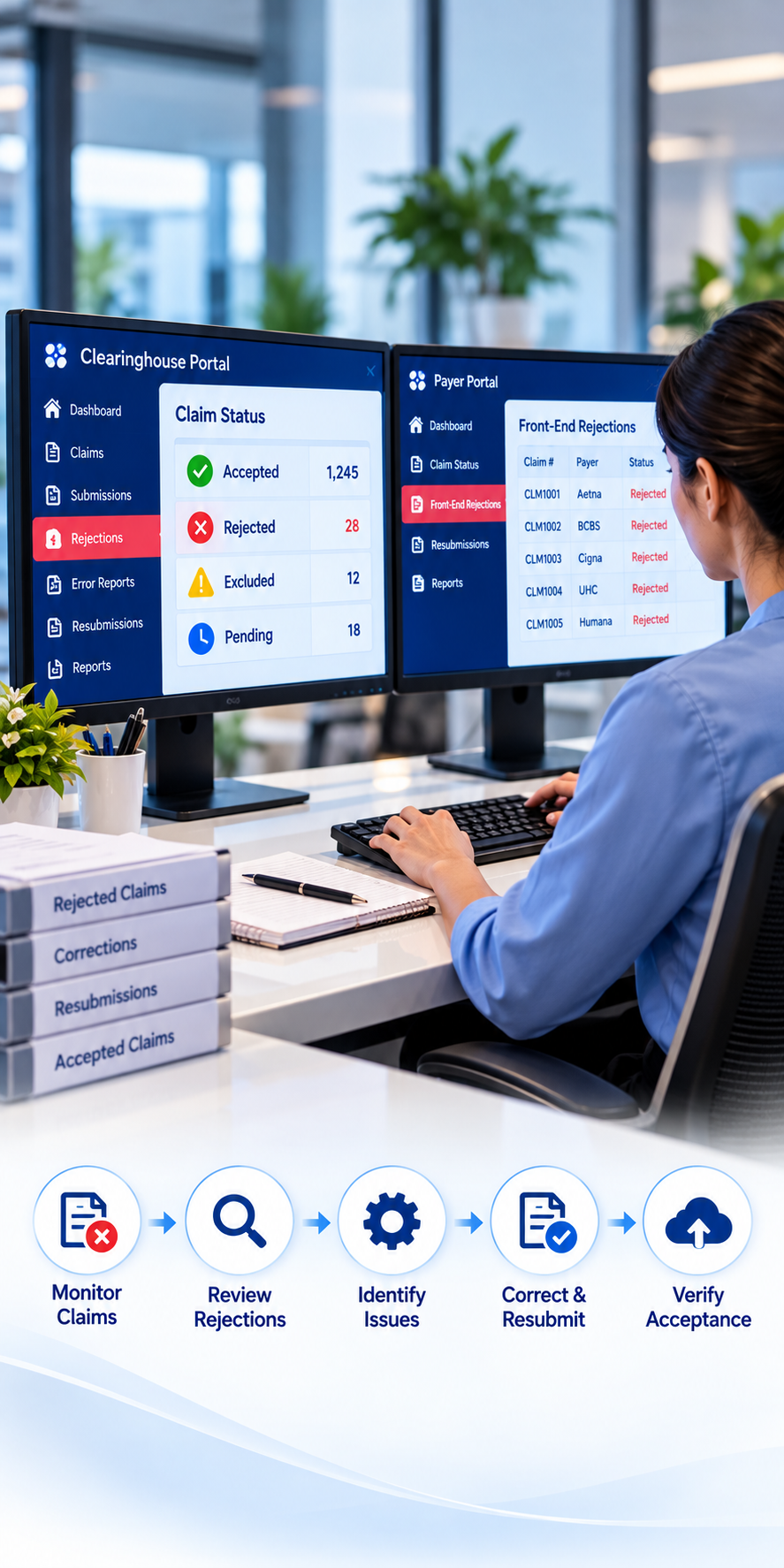 A person working at a desk with dual monitors displaying claim management portals, with folders labeled 'Rejected Claims' and a graphic illustrating steps: Monitor Claims, Review Rejections, Identify Issues, Correct & Resubmit, Verify Acceptance.