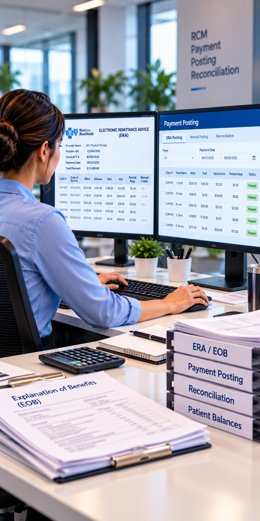 A woman working at a desk with two computer monitors displaying electronic remittance advice and payment posting information related to healthcare billing, with organized files and office supplies on the desk.