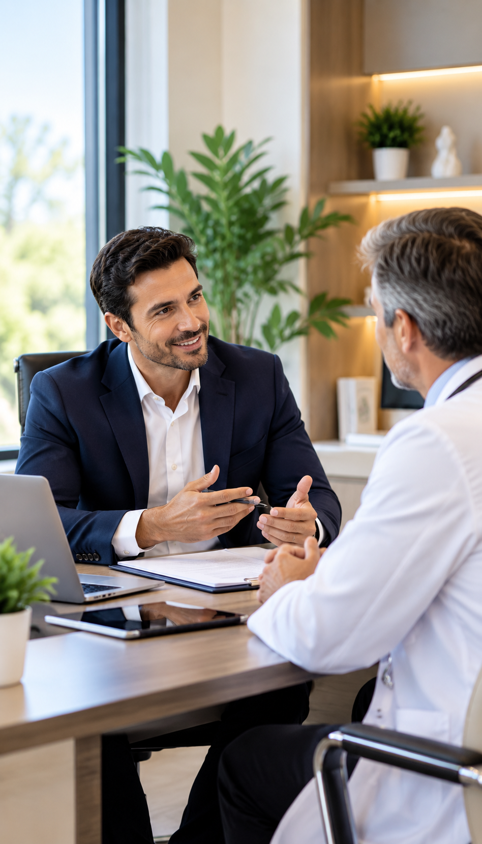 Doctor and patient having a conversation in a medical office.