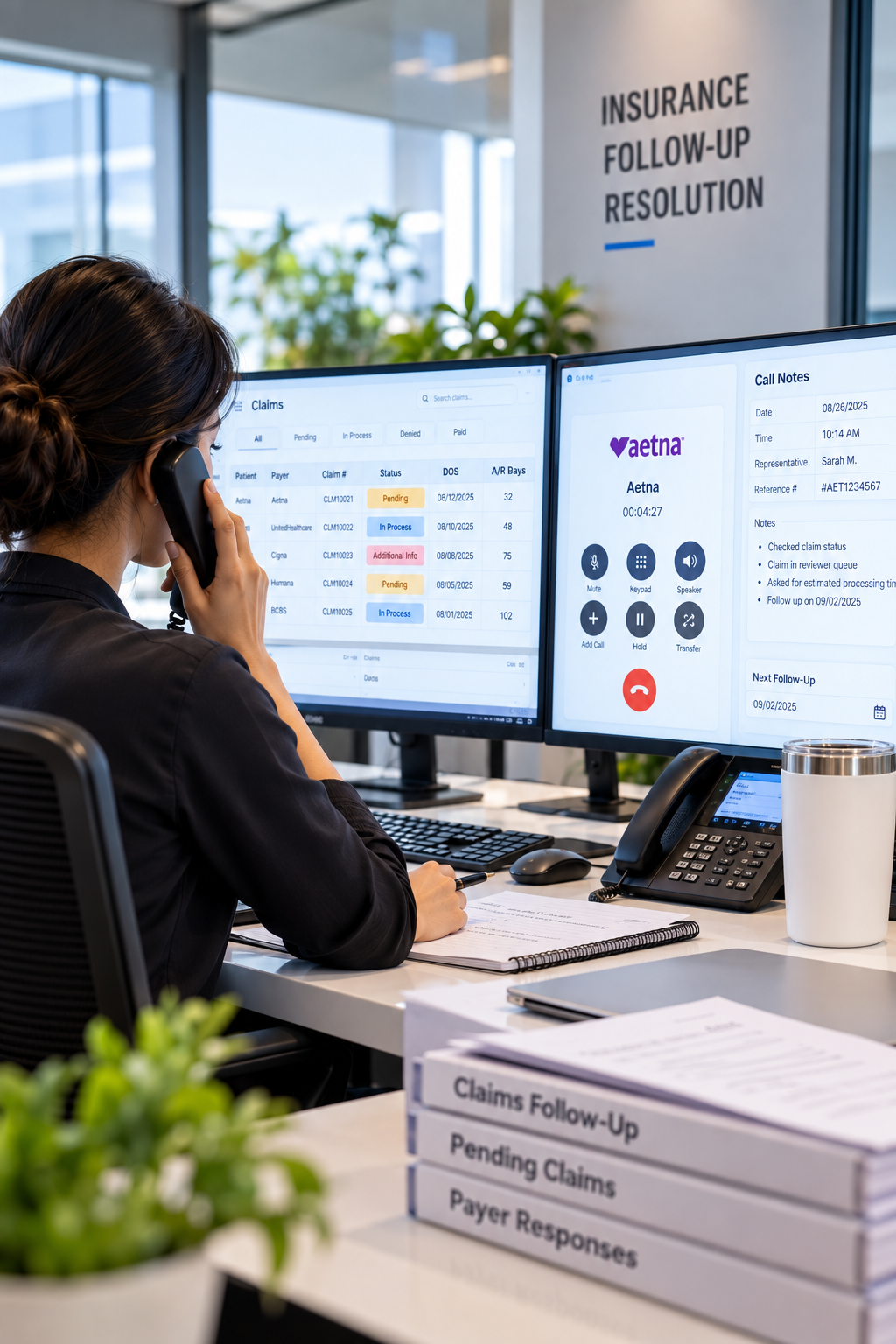 A woman at her desk in an office, speaking on the phone. Multiple computer monitors display insurance claims and call notes. A sign in the background reads 'Insurance Follow-Up Resolution'. The desk has stacked files, a notebook, and a coffee cup.