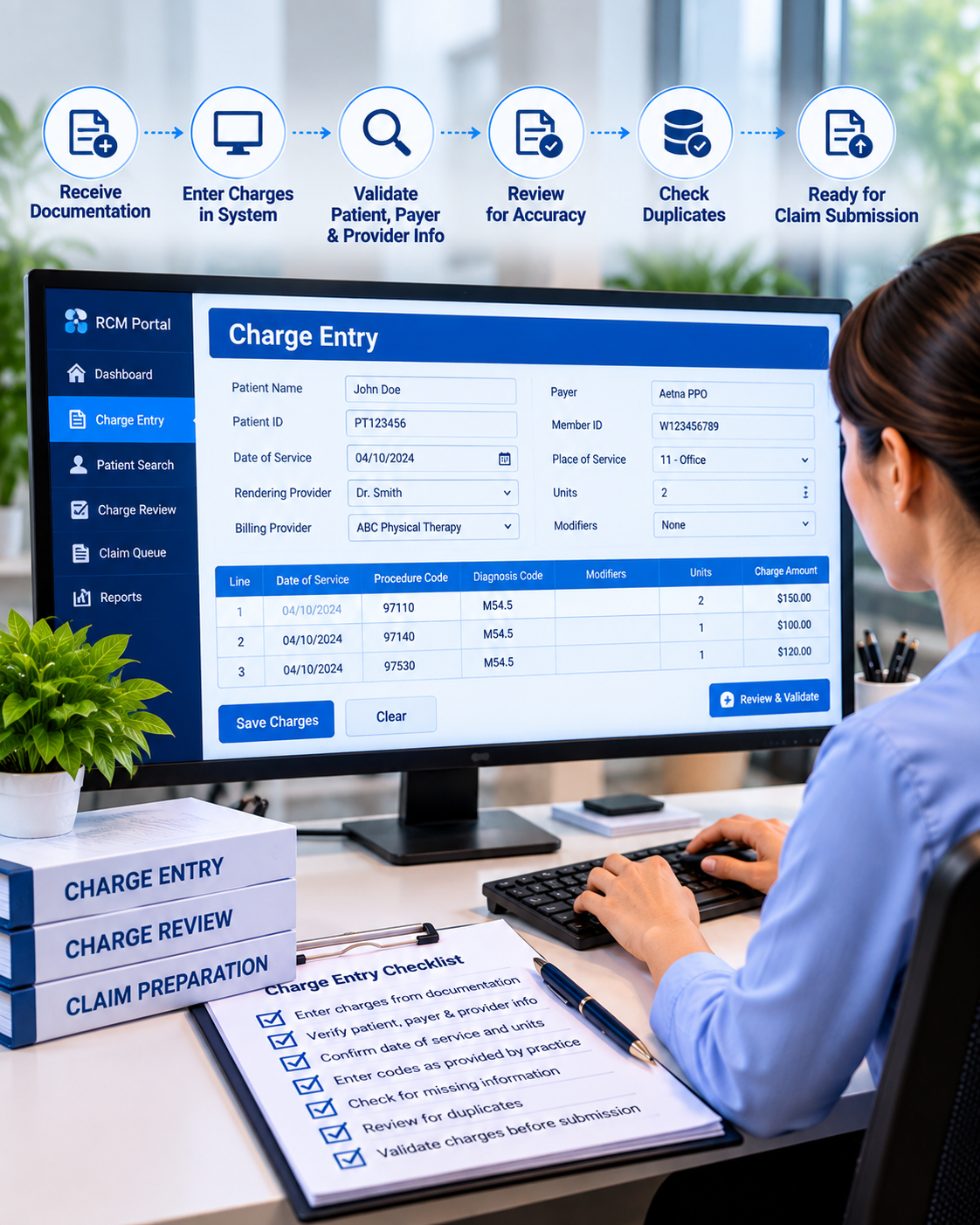 A person using a computer to enter medical billing charges into a digital system, with a checklist and labeled folders on the desk, in a modern office environment.