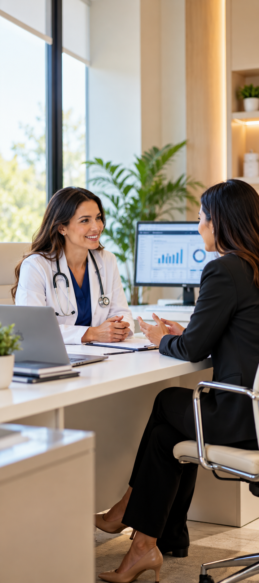 A female doctor with a stethoscope speaking with a female patient in an office with a computer and a green plant in the background.