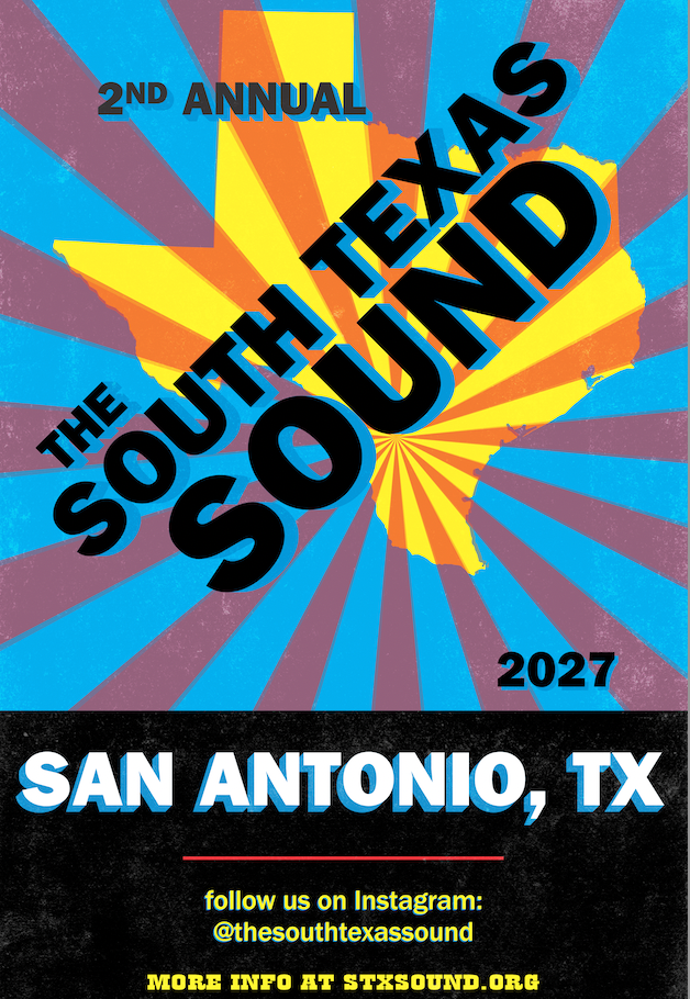 Poster for the 2nd Annual South Texas Sound event in San Antonio, TX, 2027, with a background featuring a stylized map of Texas and colorful rays emanating from the center.