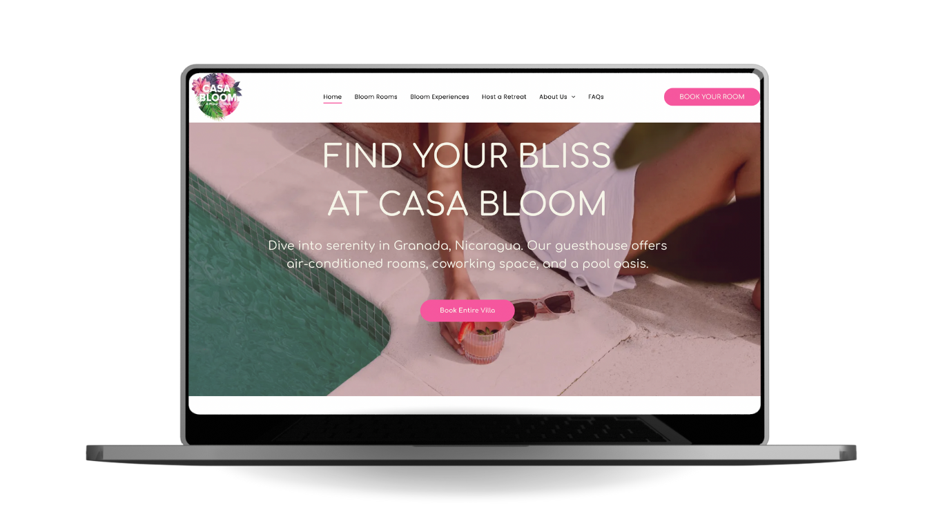 Cate Lorimer portfolio screenshot of Casa Bloom homepage showing the guesthouse and coworking space for digital nomads in Granada, Nicaragua