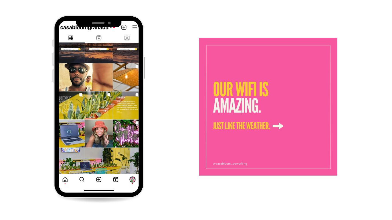 Cate Lorimer portfolio social media post for Social Travellers featuring the tagline "Our wifi is amazing just like the weather" promoting the community for digital nomads and travellers