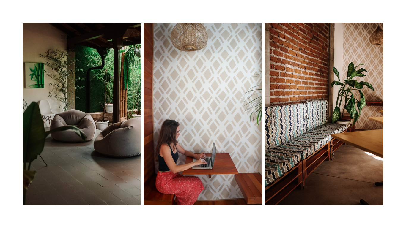 Cate Lorimer portfolio collage showing the interior of Casa Bloom guesthouse in Granada, Nicaragua including coworking spaces, lounge areas, and guest rooms