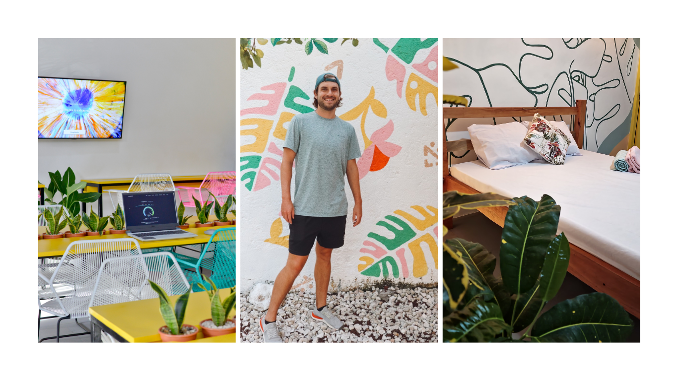 Cate Lorimer portfolio collage showing the bright interior spaces and coworking area at Casa Bloom guesthouse in Granada, Nicaragua