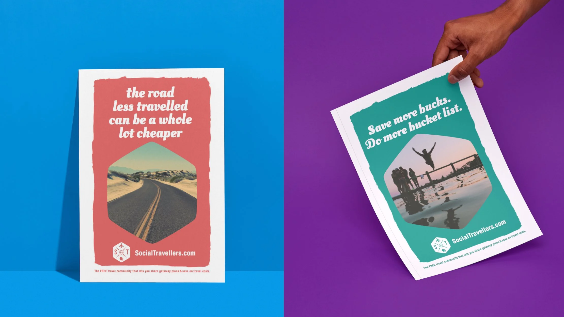 Cate Lorimer portfolio example of Social Travellers awareness flyers designed to introduce the community platform and highlight cost-sharing travel features