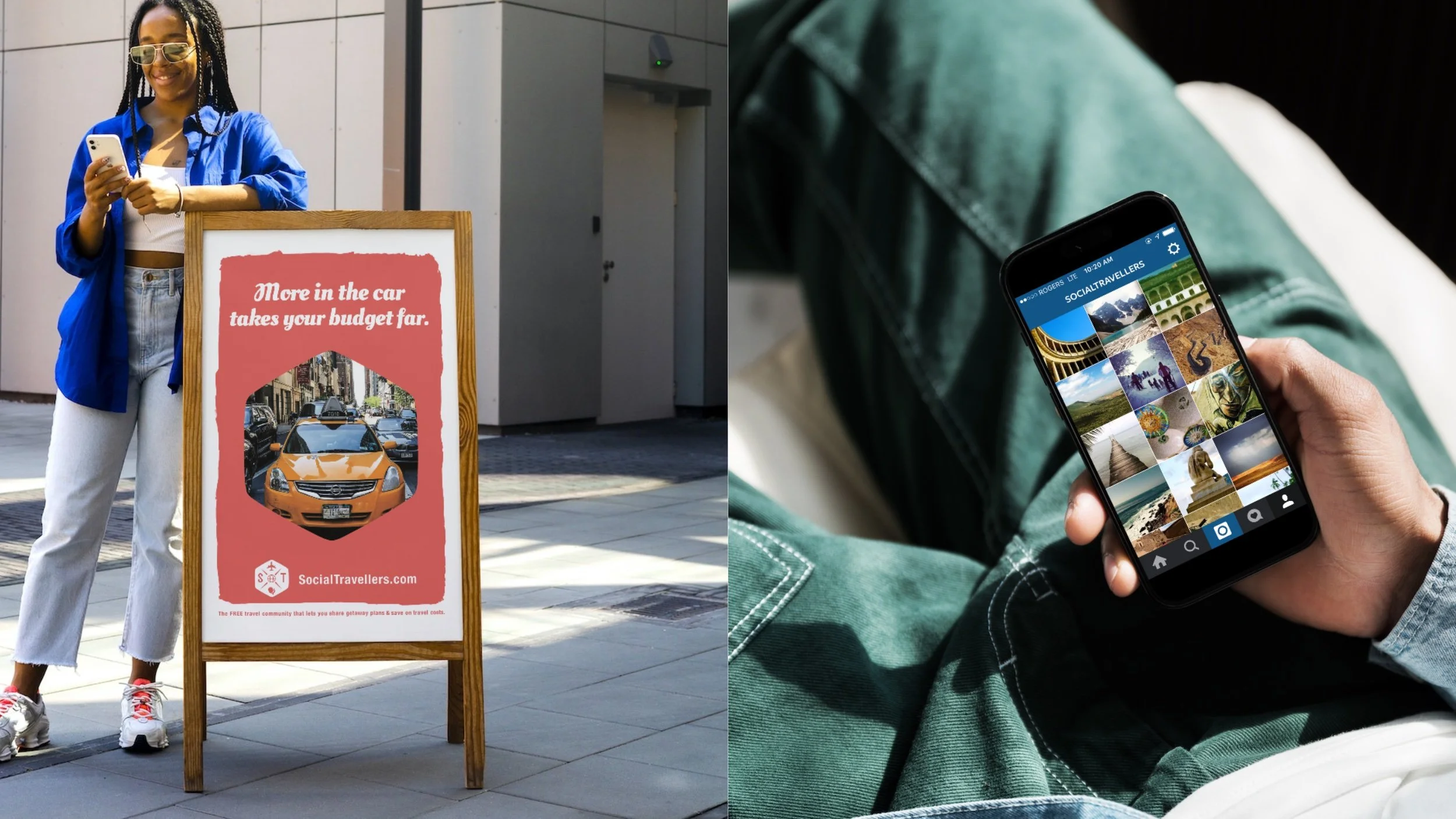 Cate Lorimer portfolio photo of Social Travellers awareness flyers in real-world settings promoting the community platform for sharing and splitting travel plans