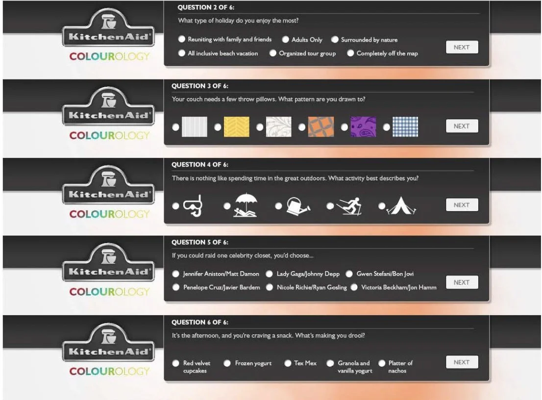 Cate Lorimer portfolio screenshot showing KitchenAid Colourology interactive questions to find the perfect mixer shade.