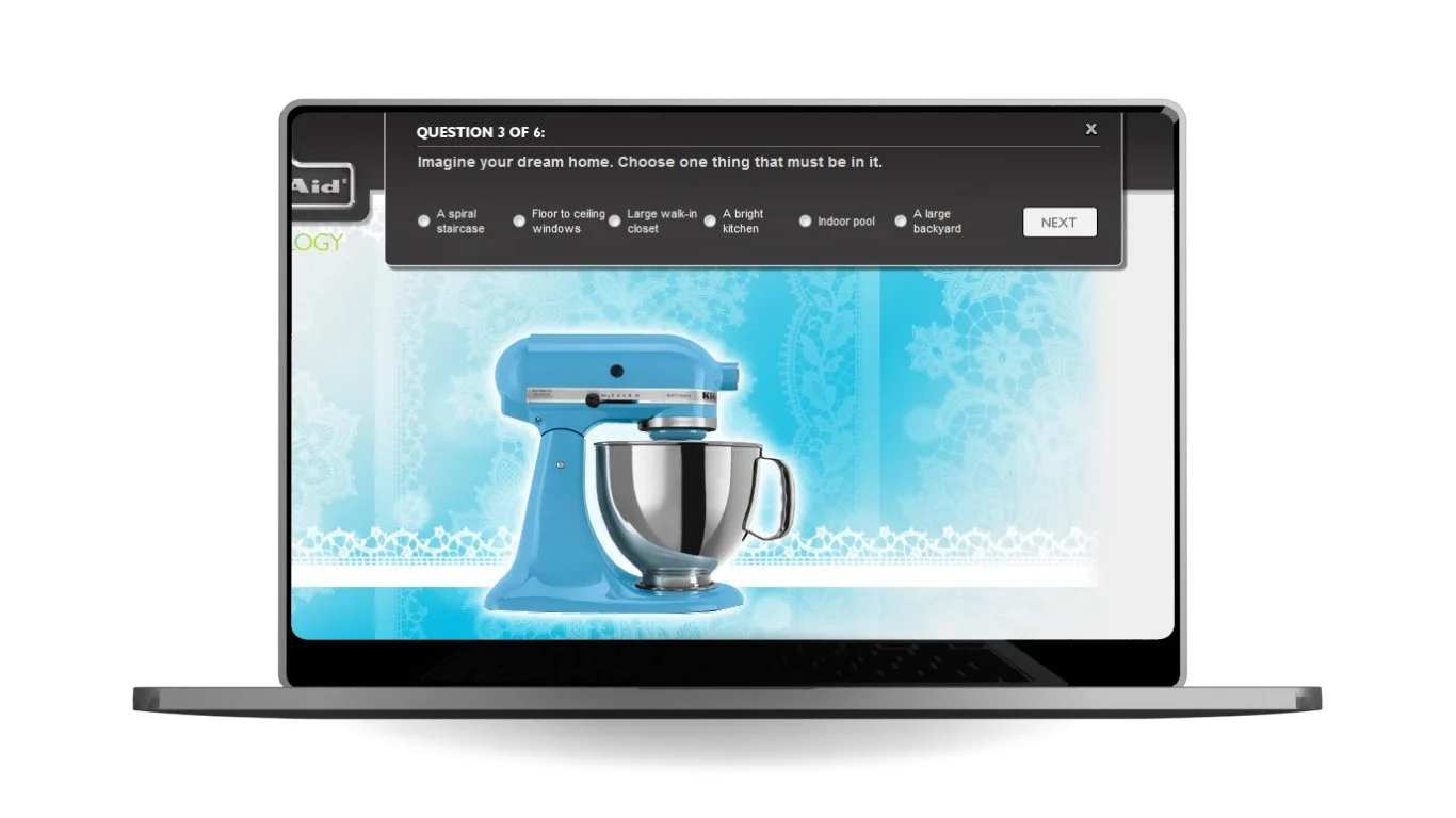 screenshot of KitchenAid Colourology showing the blue stand mixer changing colours as users answer interactive questions