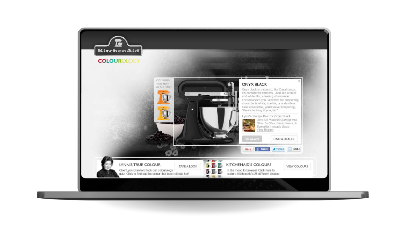 Cate Lorimer portfolio screenshot of KitchenAid Colourology showing the final mixer colour selection based on users’ answers