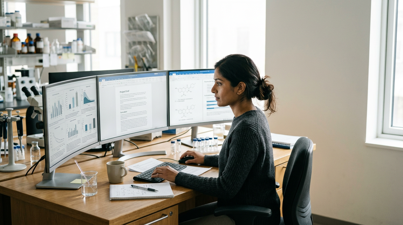A woman working on a complex formula that goes into multiple product forms (RTD, RTM, solid dosage, novel).
