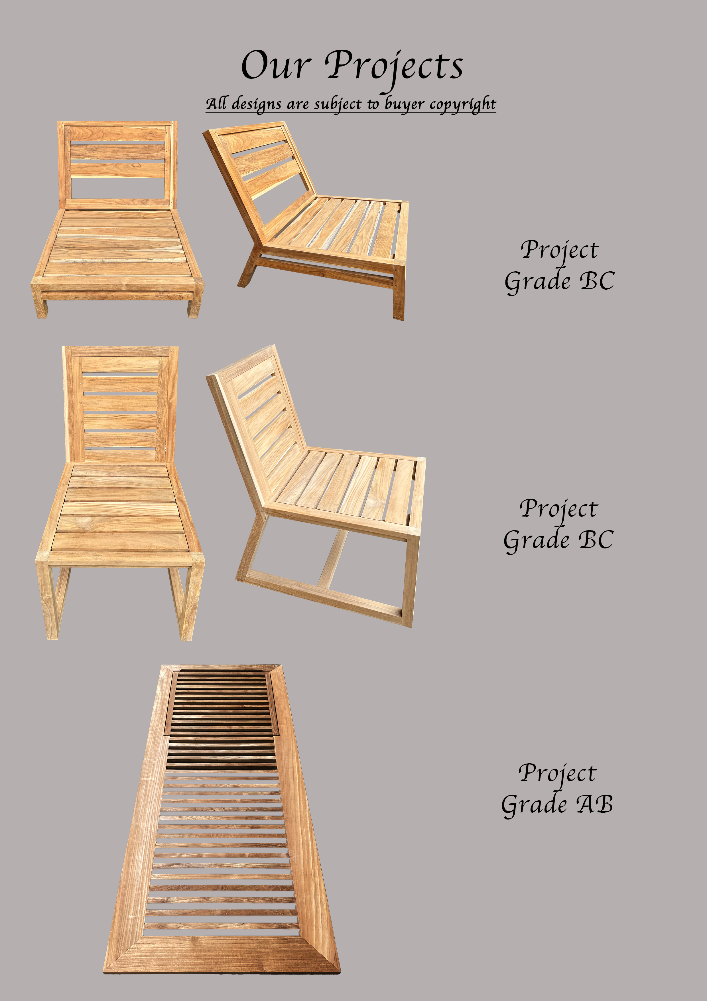 Display of four different wooden furniture projects, each labeled with their project grade: Grade BC, Grade BC, and Grade AB.